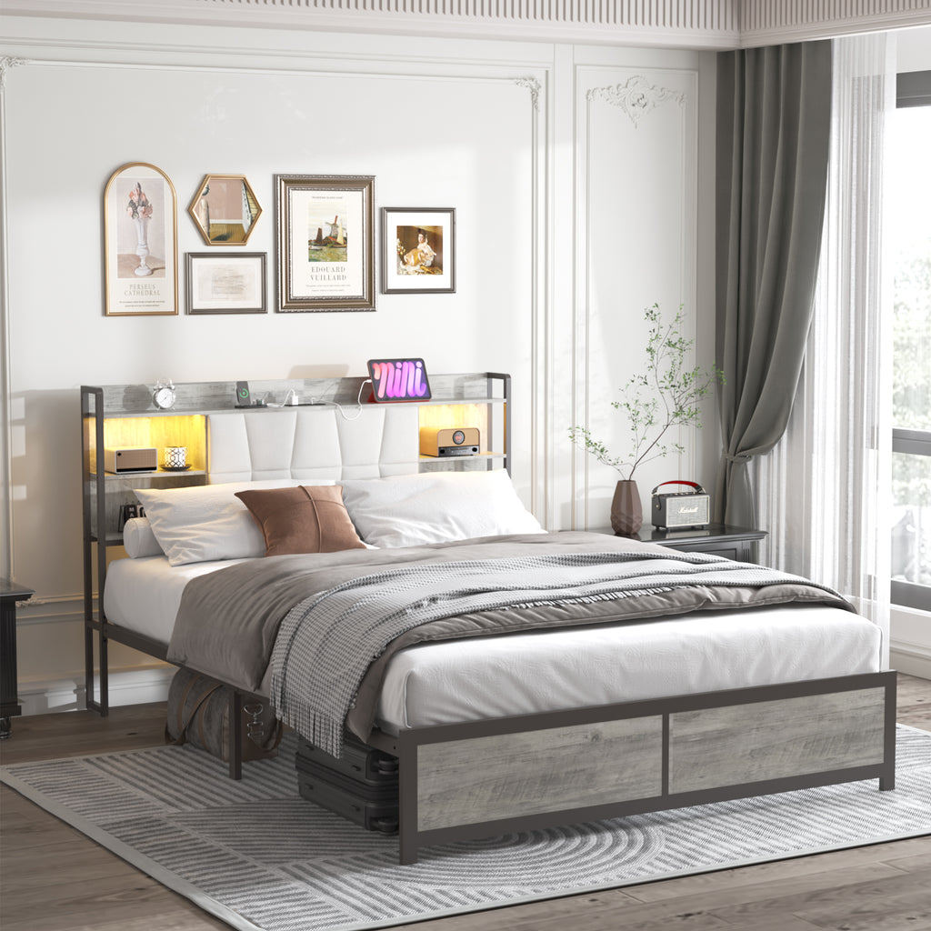 [variant:W5658P487022] Queen Upholstered Platform Bed with Bookcase Headboard, LED Lights & Charging Station image 11