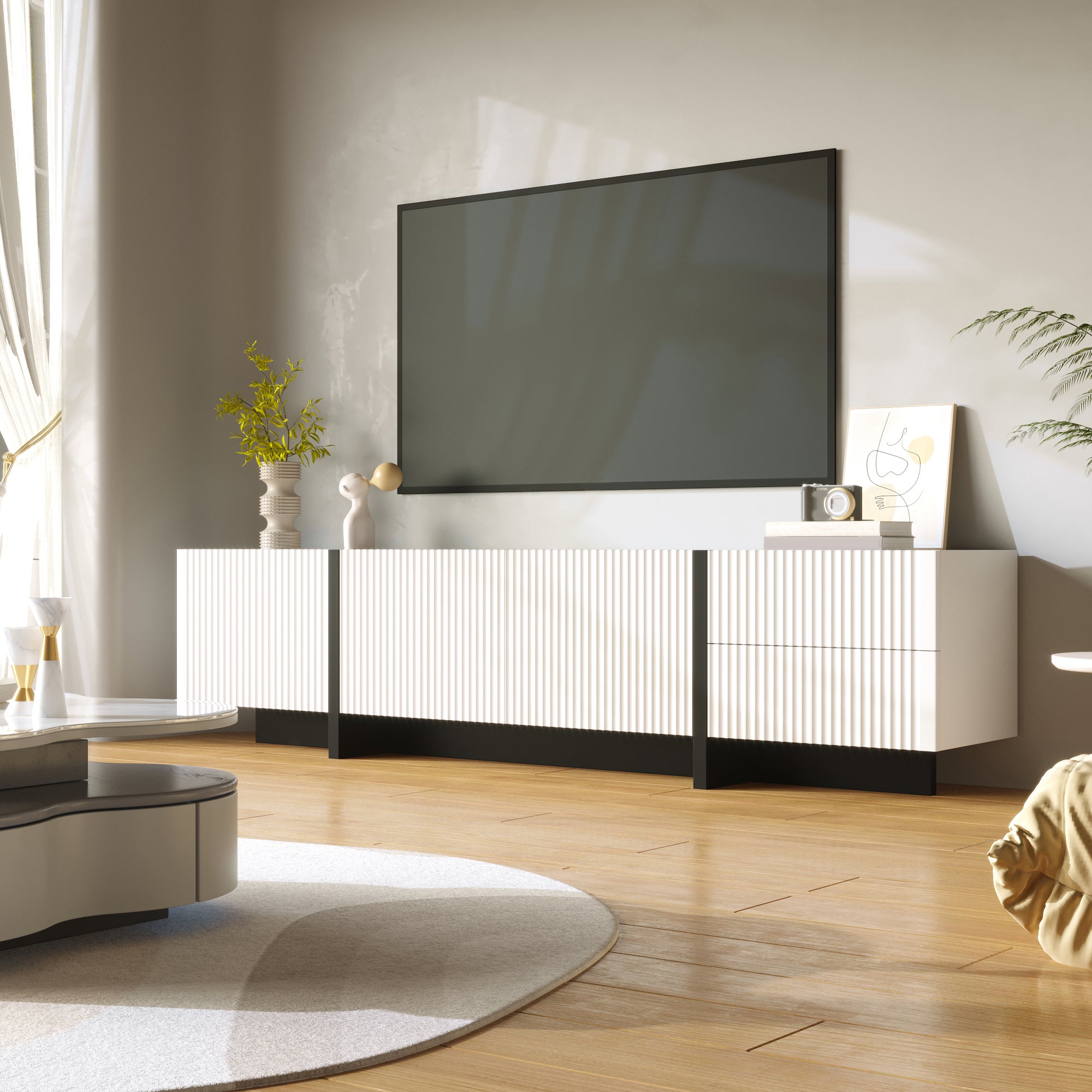 [variant:GA0014S] Modern TV Stand with 3 Doors and 2 Drawers – Black and White image 1
