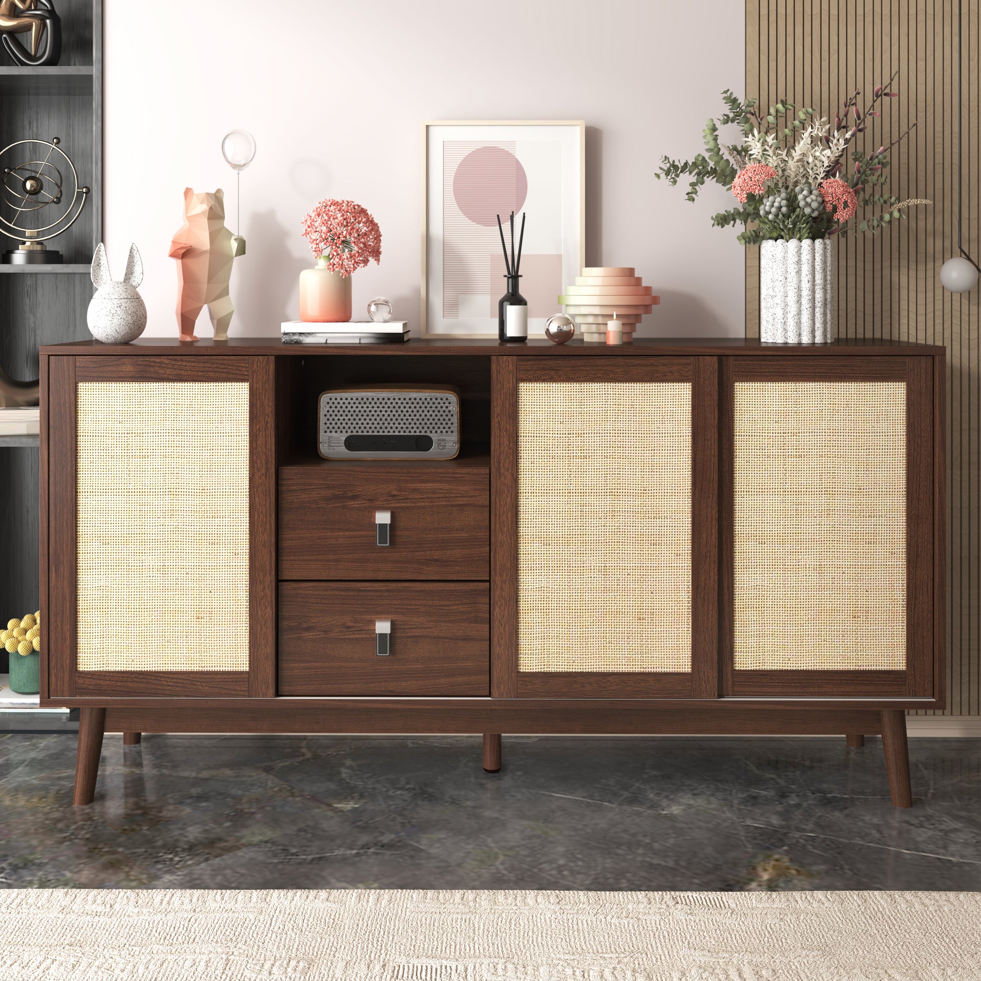 Rattan 3-Door Sideboard with 2 Drawers — [variant:GA0004N] Wood image 4