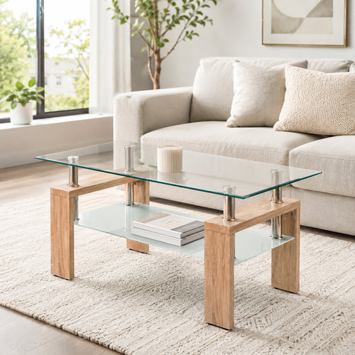 [variant:W3738P364267] Modern Tempered Glass Coffee Table – Natural or Black image 1