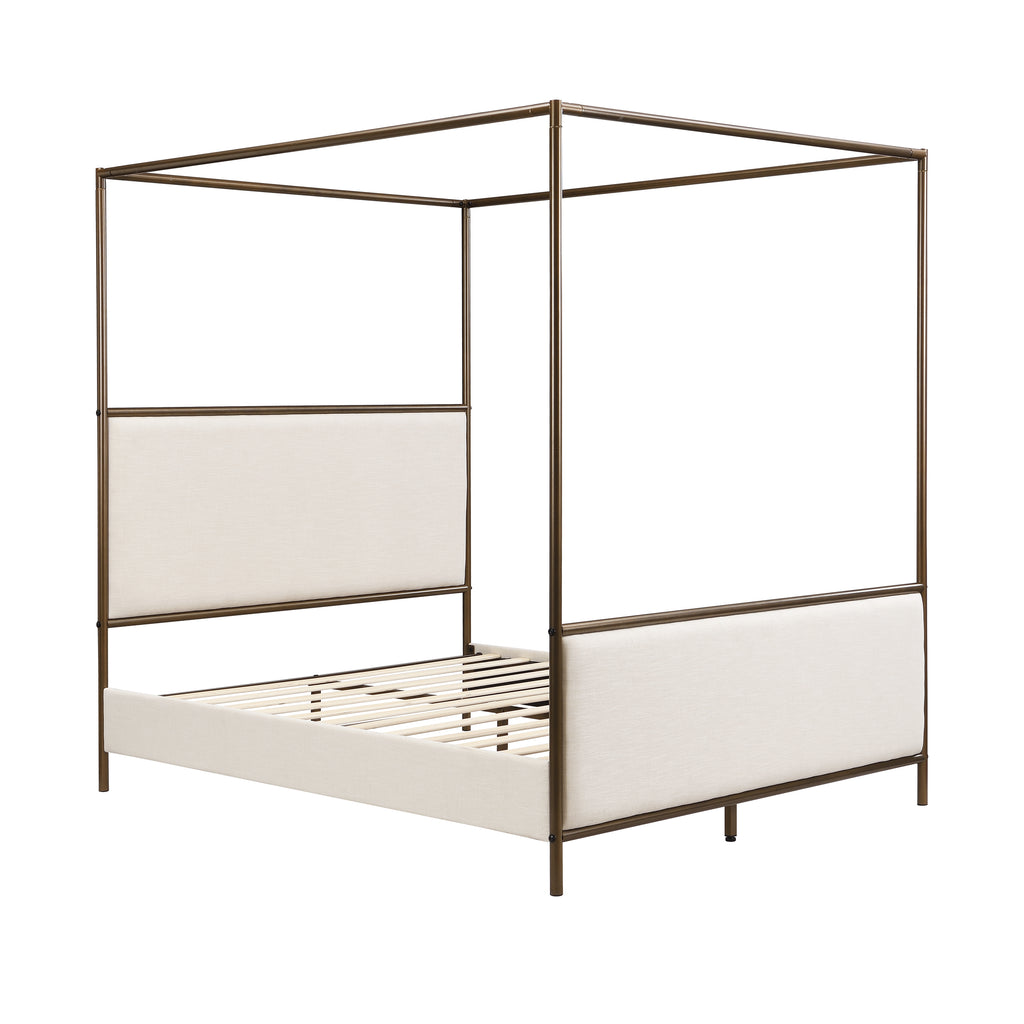 [variant:N859Q000022I] Queen Linen Upholstered Canopy Bed – Beige & Bronze image 9
