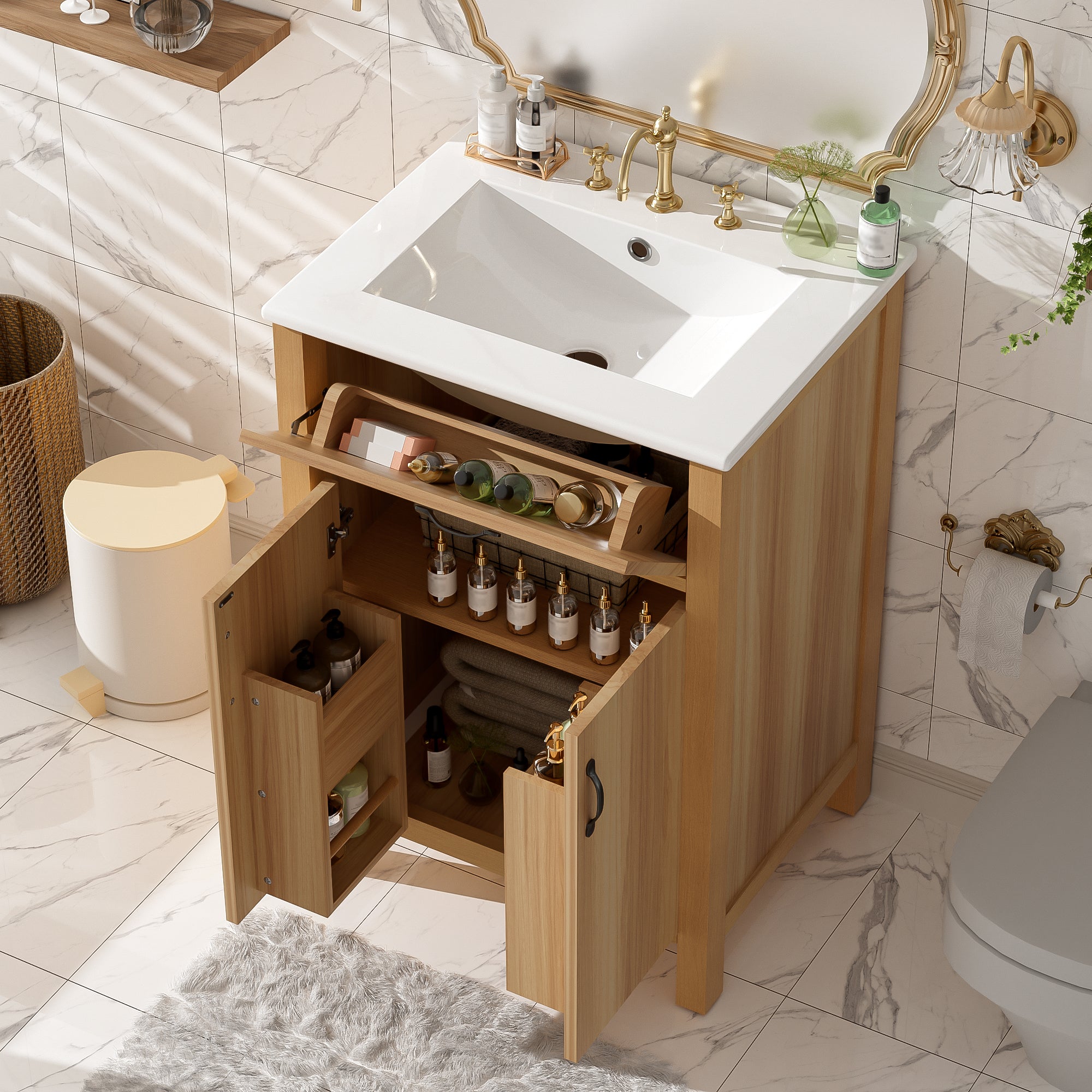[variant:N848P469792N] Solid Wood Bathroom Vanity with Ceramic Sink – 24-Inch image 3