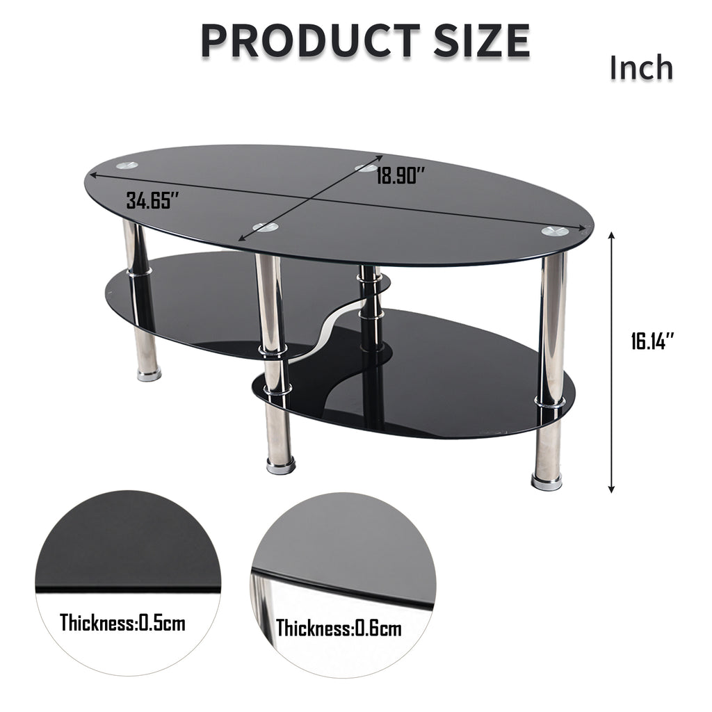 2-Tier Oval Tempered Glass Coffee Table — [variant:W3738P499153] Black image 7