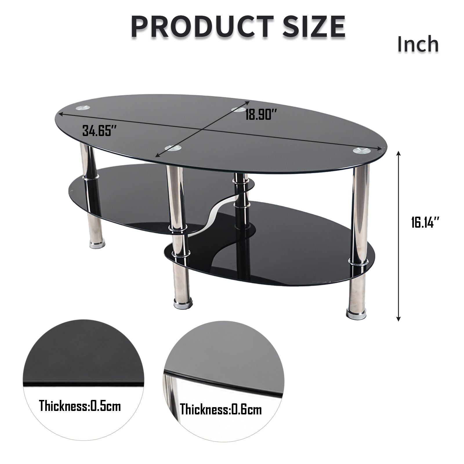 2-Tier Oval Tempered Glass Coffee Table — [variant:W3738P499153] Black image 7