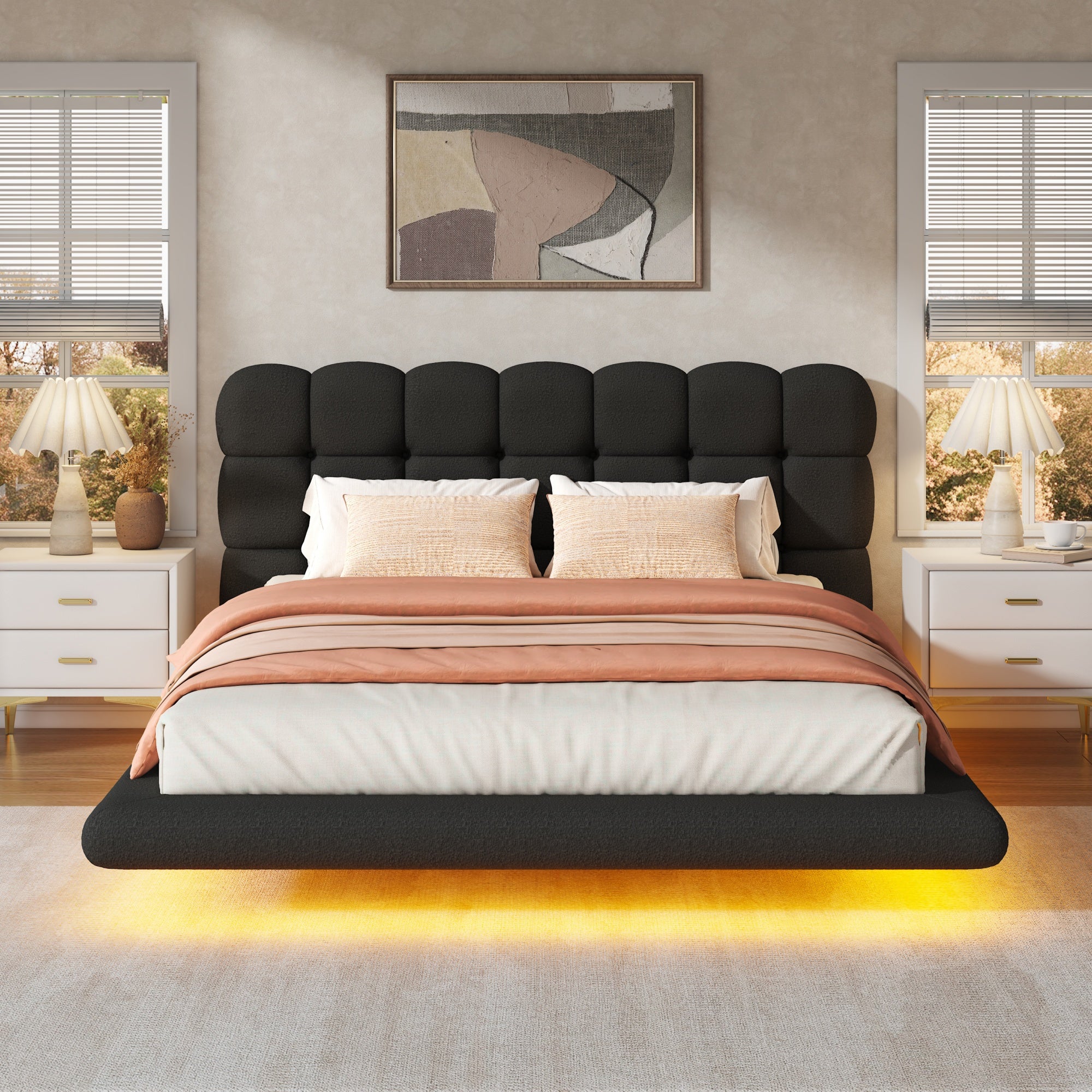 [variant:HS451577AAB] Queen LED Floating Bouclé Platform Bed – Black image 1