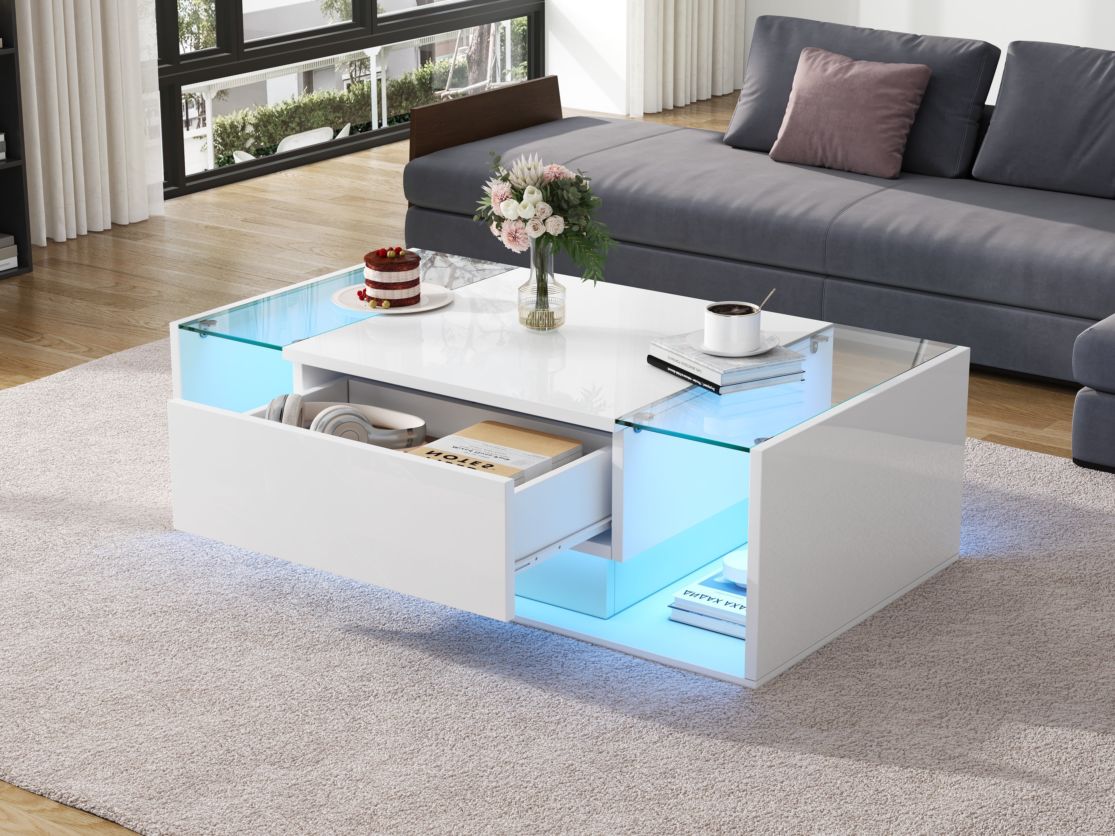 [variant:N892P423295W] High-Gloss LED Coffee Table with Drawer and Glass Top image 4
