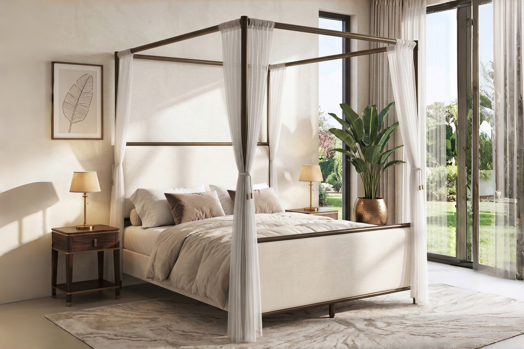 [variant:N859Q000022I] Queen Linen Upholstered Canopy Bed – Beige & Bronze image 19
