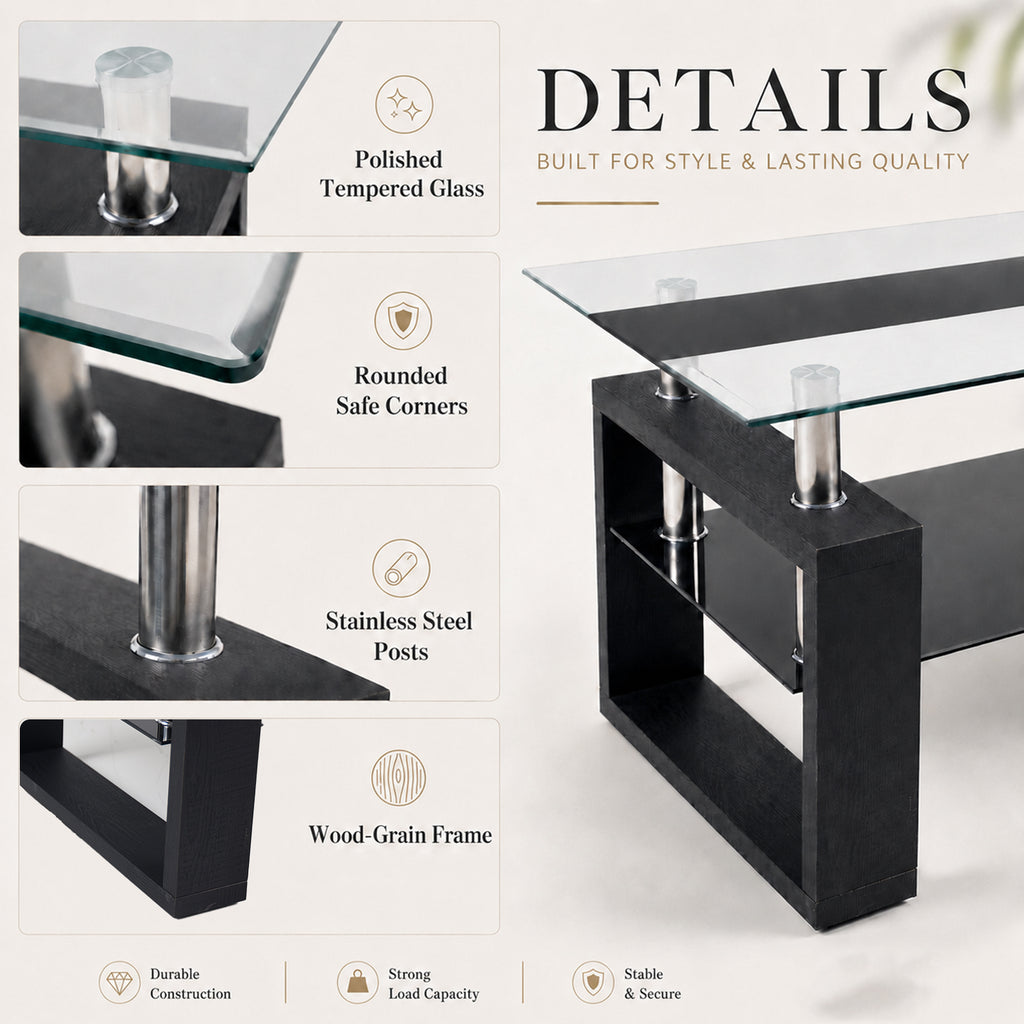 2-Tier Rectangular Tempered Glass Coffee Table — [variant:W3738P499155] Black image 5