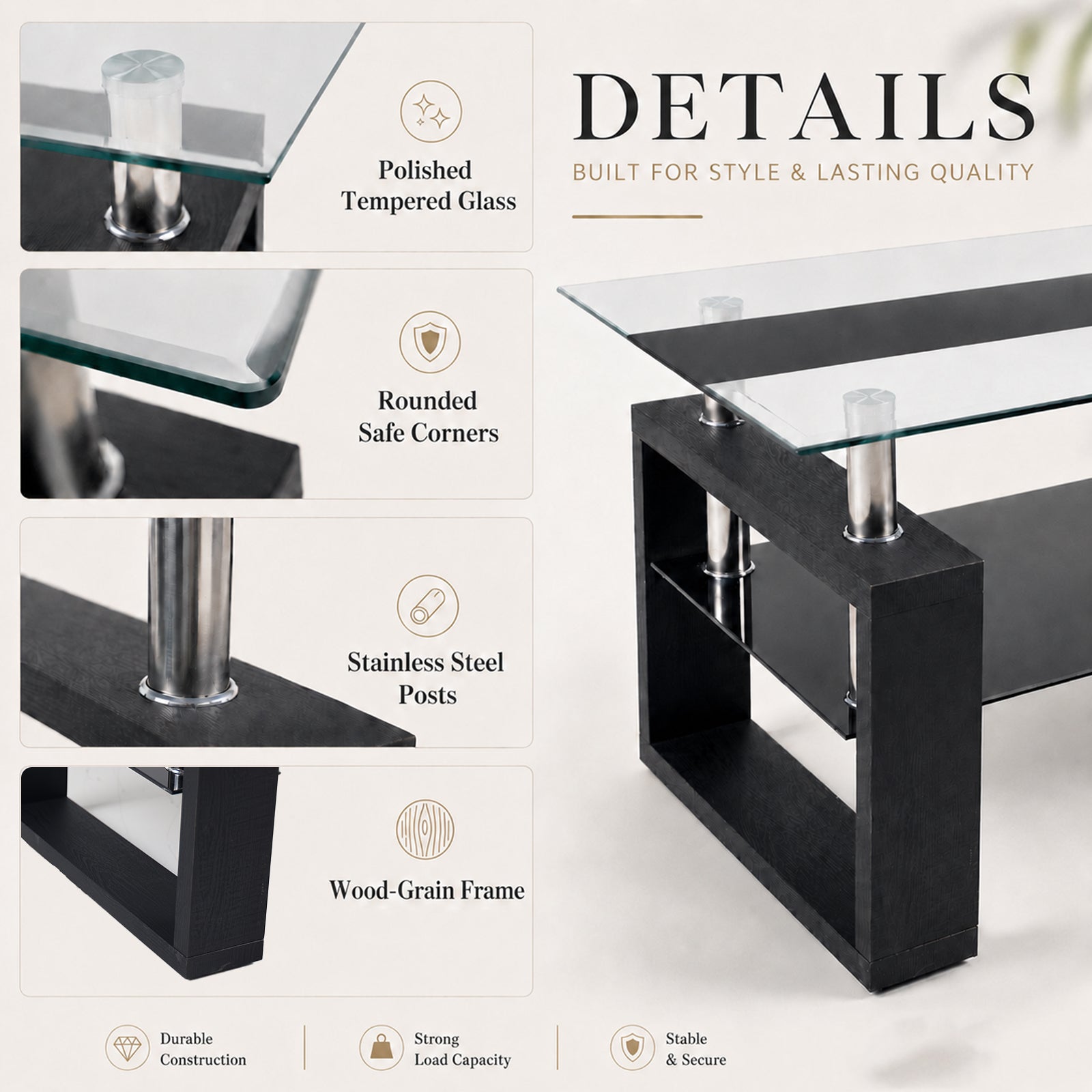 2-Tier Rectangular Tempered Glass Coffee Table — [variant:W3738P499155] Black image 5