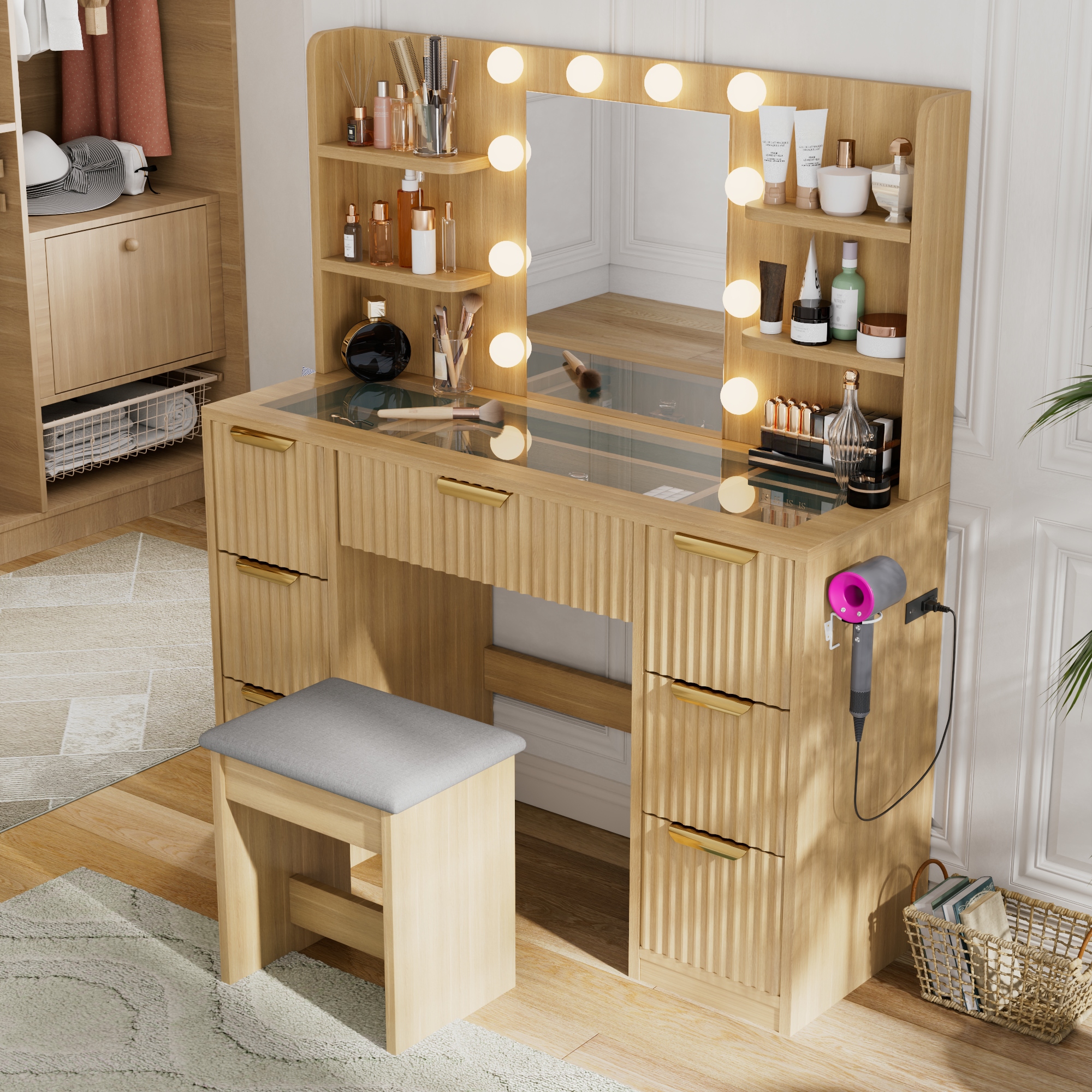 [variant:N881S436333N] Fluted 7-Drawer Vanity Desk with LED Mirror and Stool image 9