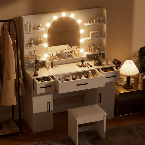 [variant:N881S436327W] Lighted Vanity Desk with Mirror, 3 Drawers and Shelves image 2