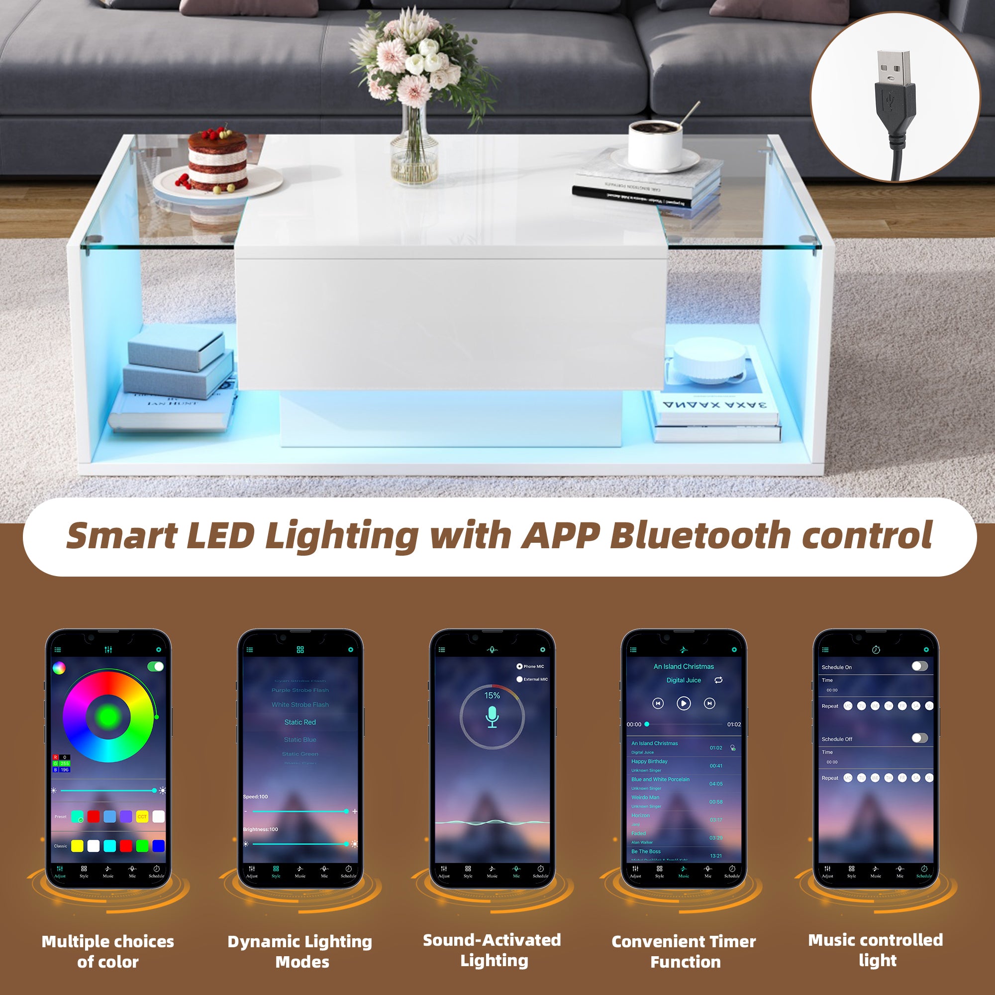 [variant:N892P423295W] High-Gloss LED Coffee Table with Drawer and Glass Top image 27