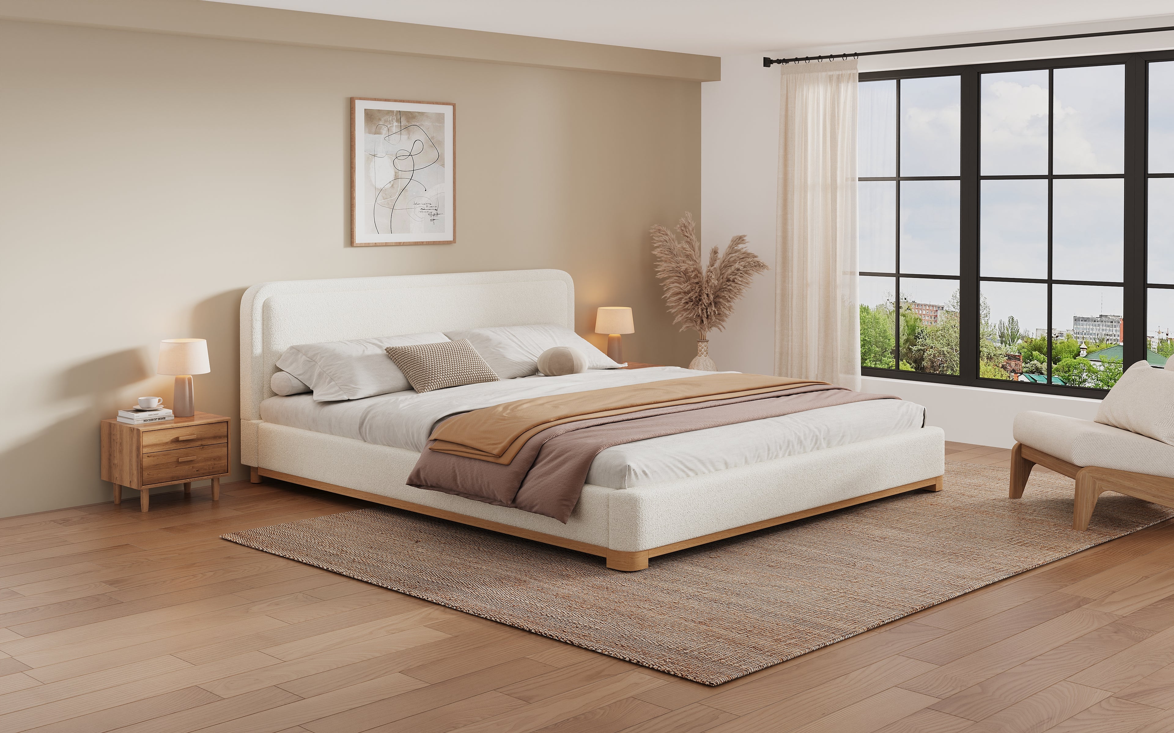 [variant:N859K000012W] King Bouclé Platform Bed with Curved Headboard – White image 22