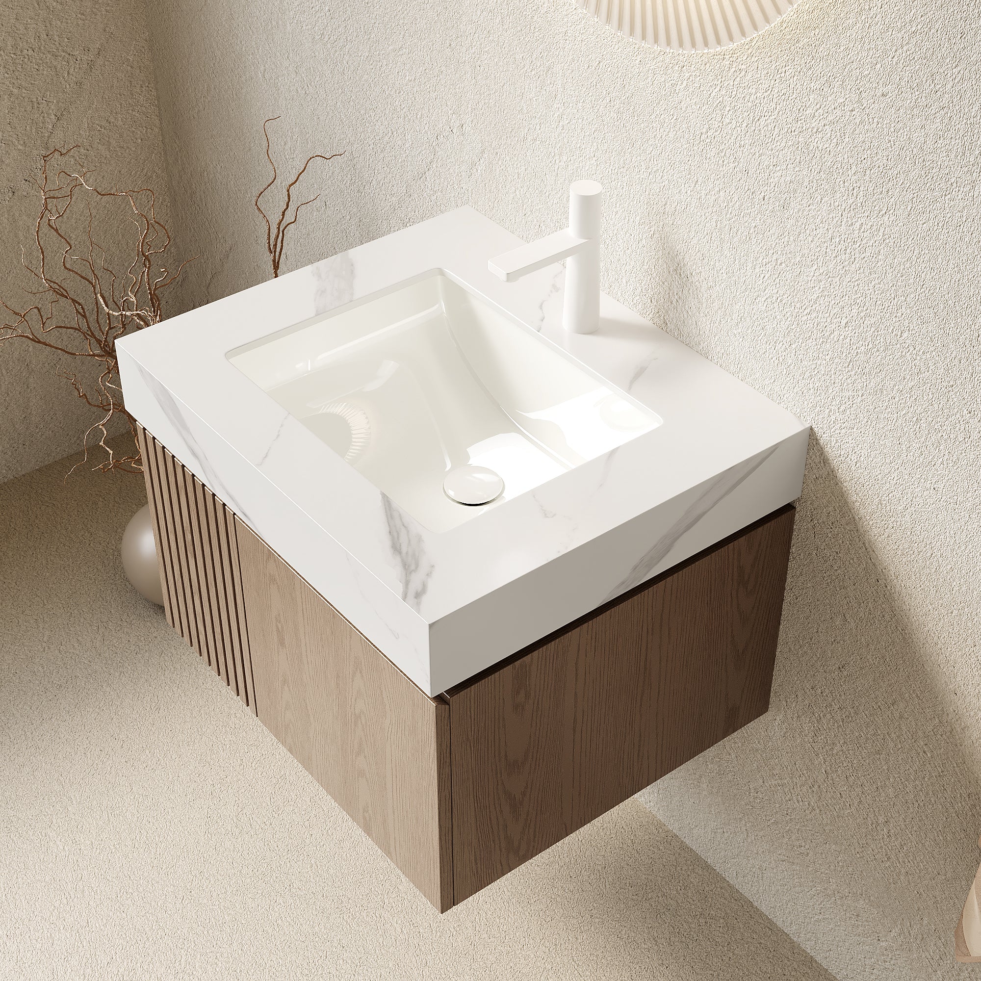 Wall-Mounted Bathroom Vanity with Sintered Stone Top – 24-Inch, 1-Hole — [variant:W6063S00052] Light Brown,White image 4
