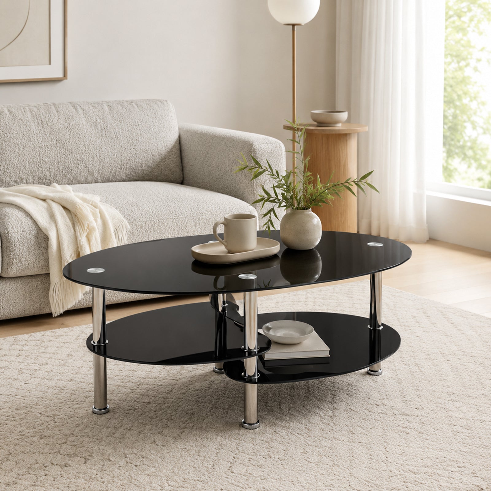 2-Tier Oval Tempered Glass Coffee Table — [variant:W3738P499153] Black image 2