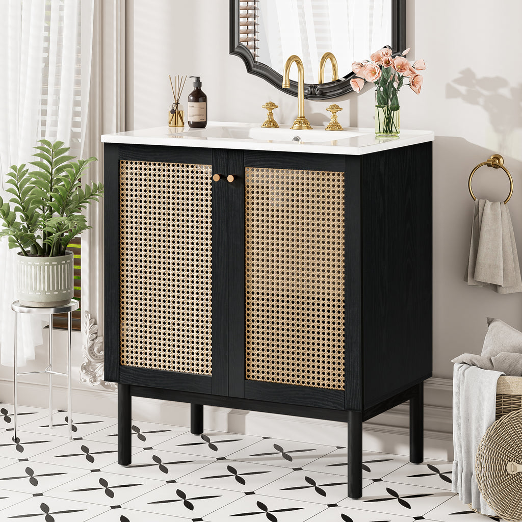 [variant:N729P285517B] Rattan-Door Bathroom Vanity with Sink – 30-Inch image 2