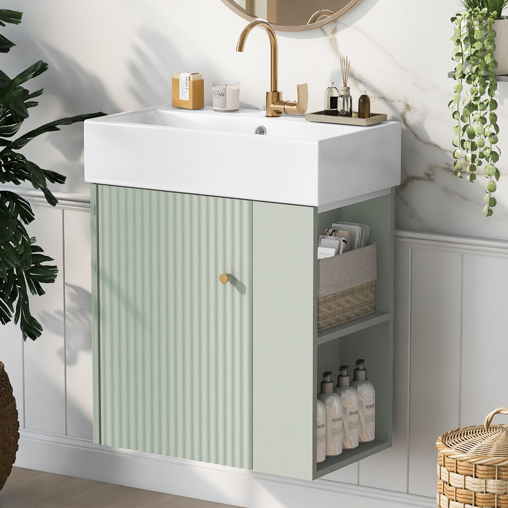[variant:N729P170388F] Floating Bathroom Vanity with Ceramic Basin – 21.6-Inch, Green image 1