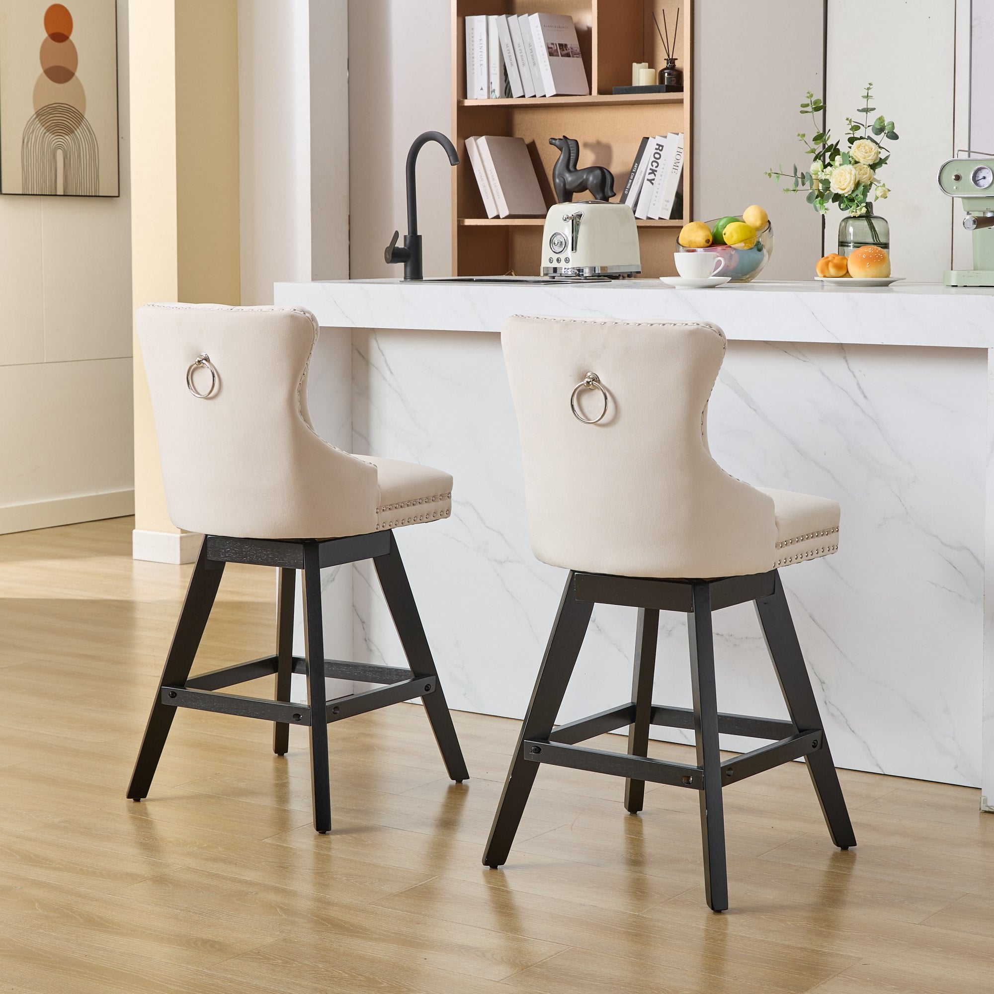 [variant:W5755P512968] Set of 2 Beige Velvet Swivel Bar Stools image 18