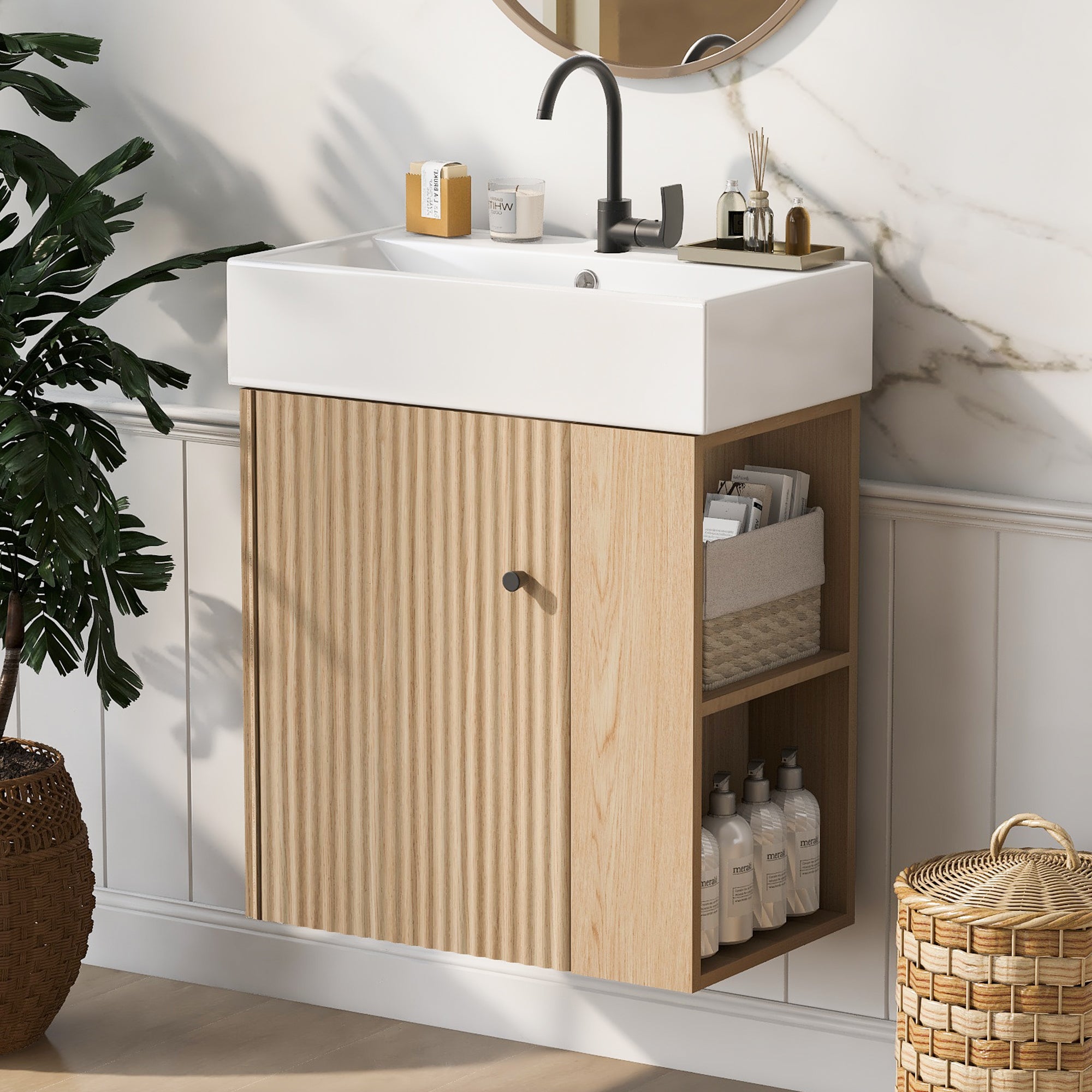 [variant:N848P255596D] Floating Bathroom Vanity with Ceramic Basin – 21.6-Inch – Wood image 1