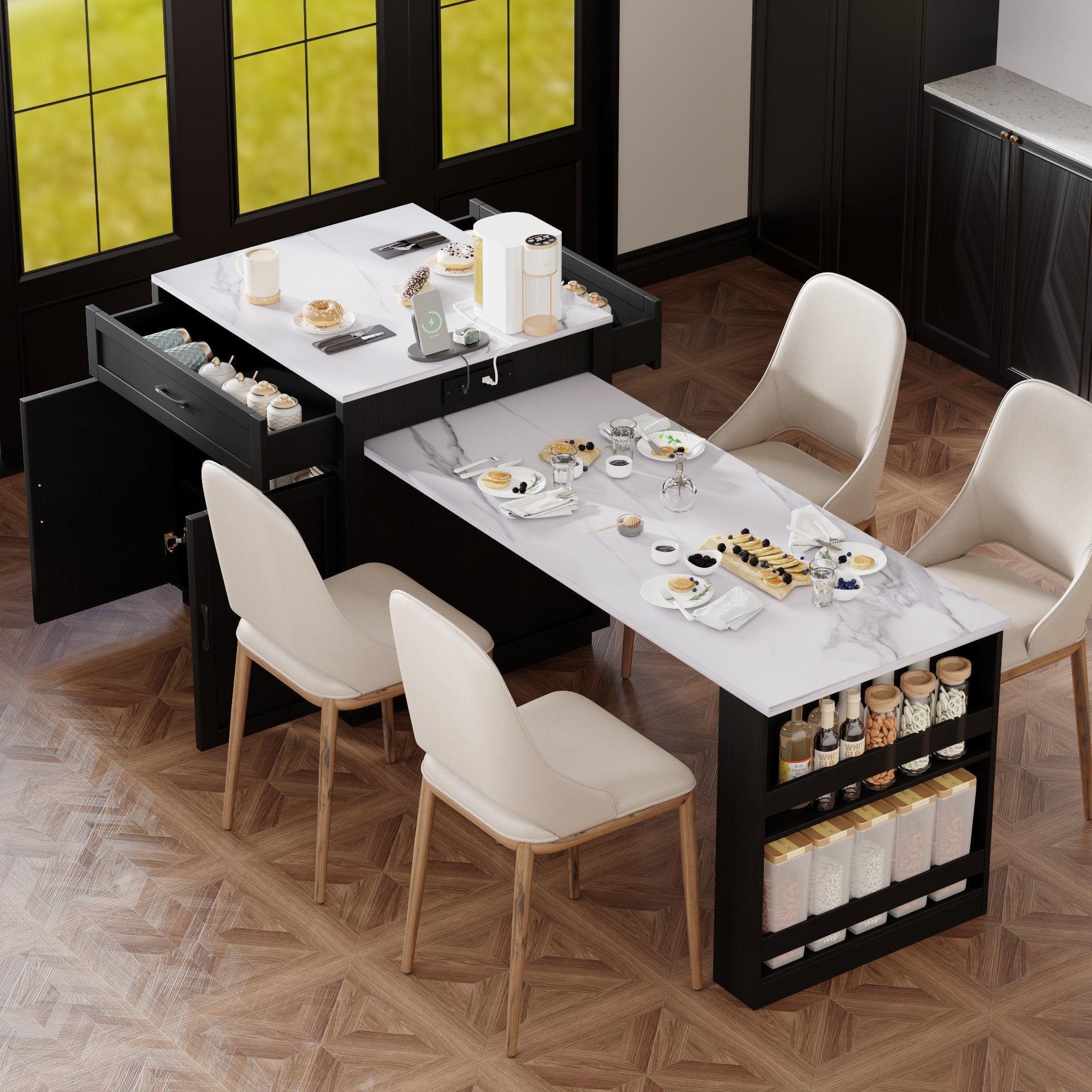 [variant:N853S000002B] Extendable Kitchen Island with Dining Table – 82.7-Inch – Black image 1