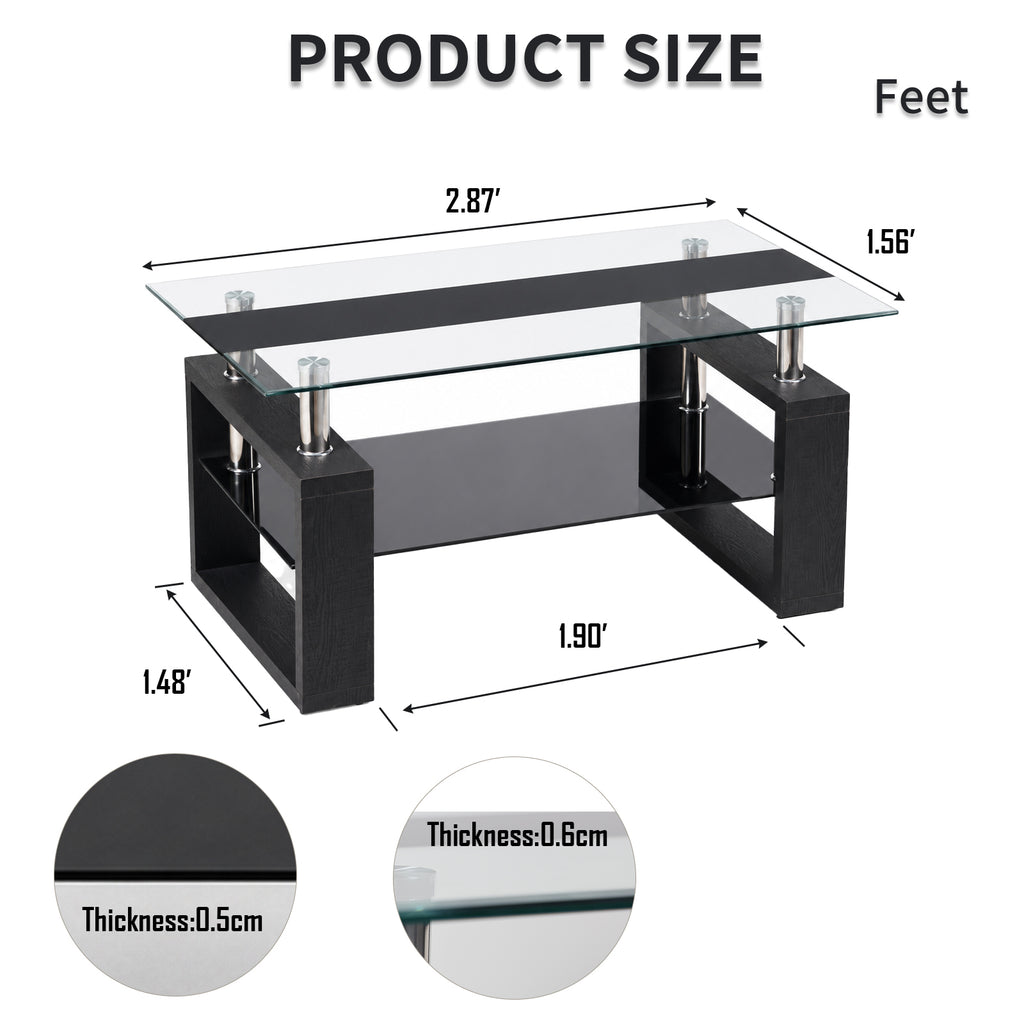 2-Tier Rectangular Tempered Glass Coffee Table — [variant:W3738P499155] Black image 6