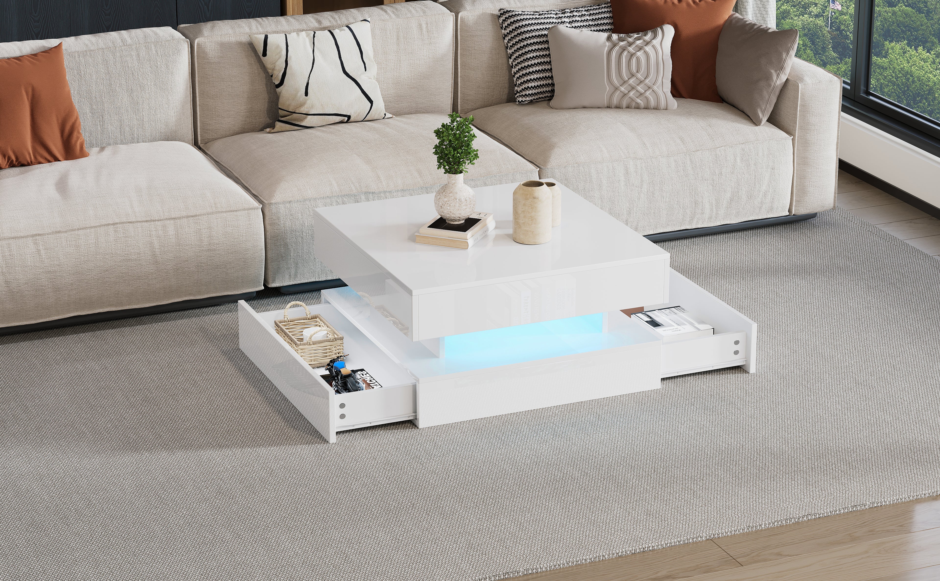 [variant:N892P407973W] White Lift-Top LED Coffee Table with 2 Drawers image 11