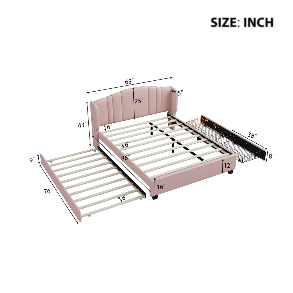 Queen Upholstered Wingback Bed with Twin Trundle & 2 Drawers — [variant:N854S427452H] Pink image 7