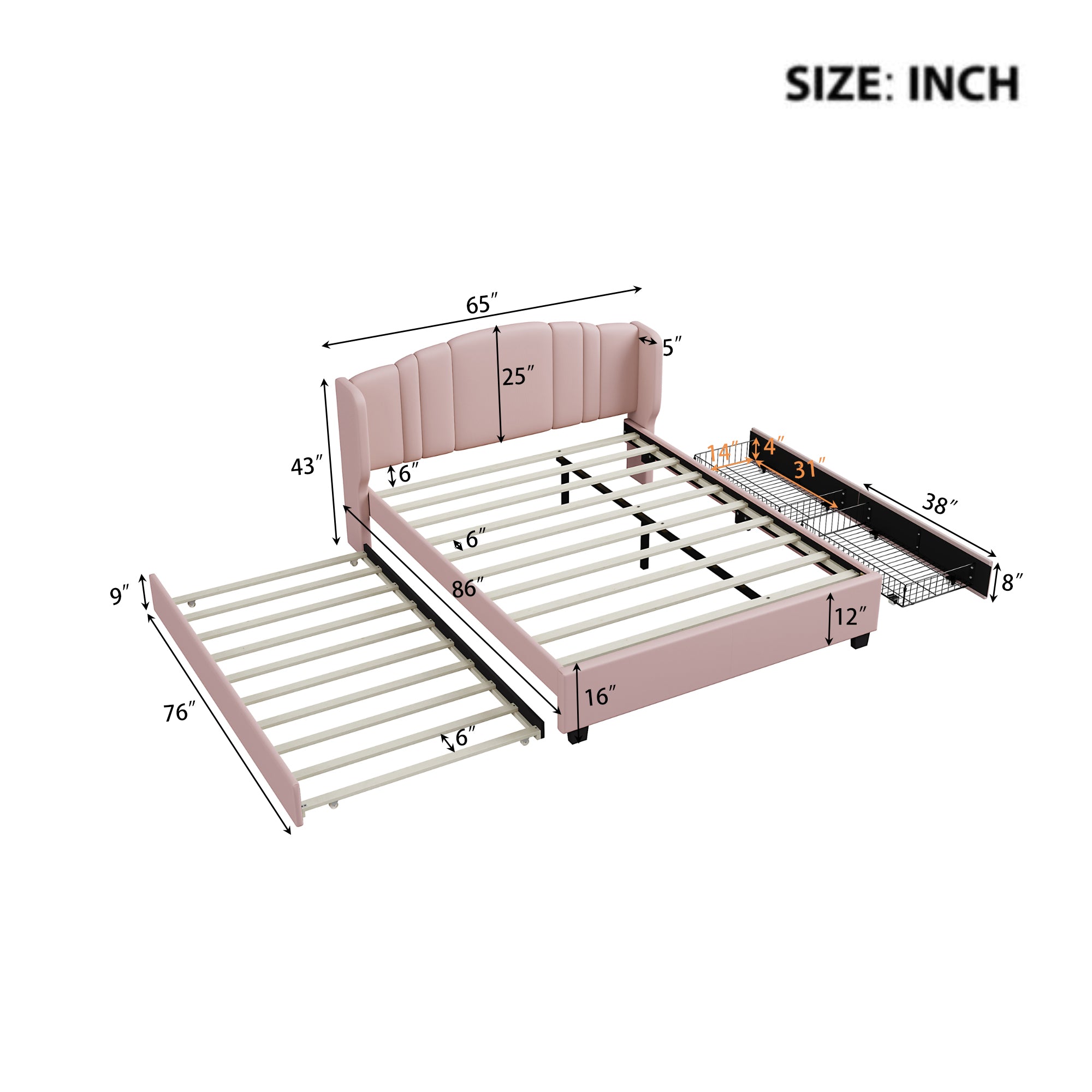 Queen Upholstered Wingback Bed with Twin Trundle & 2 Drawers — [variant:N854S427452H] Pink image 7