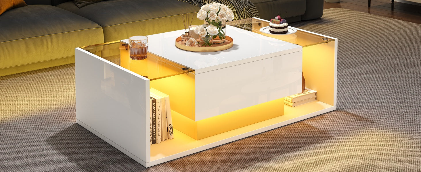 [variant:N892P423295W] High-Gloss LED Coffee Table with Drawer and Glass Top image 18