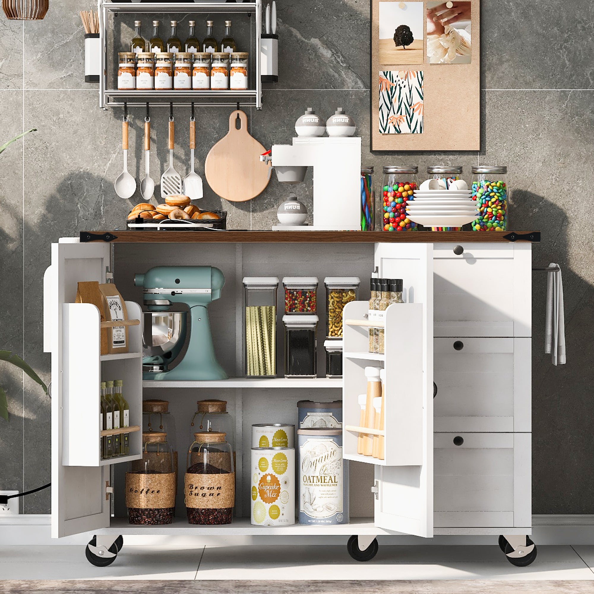 [variant:N853P379579W] Farmhouse Rolling Kitchen Island with Drop Leaf – White, 54.5-Inch image 27