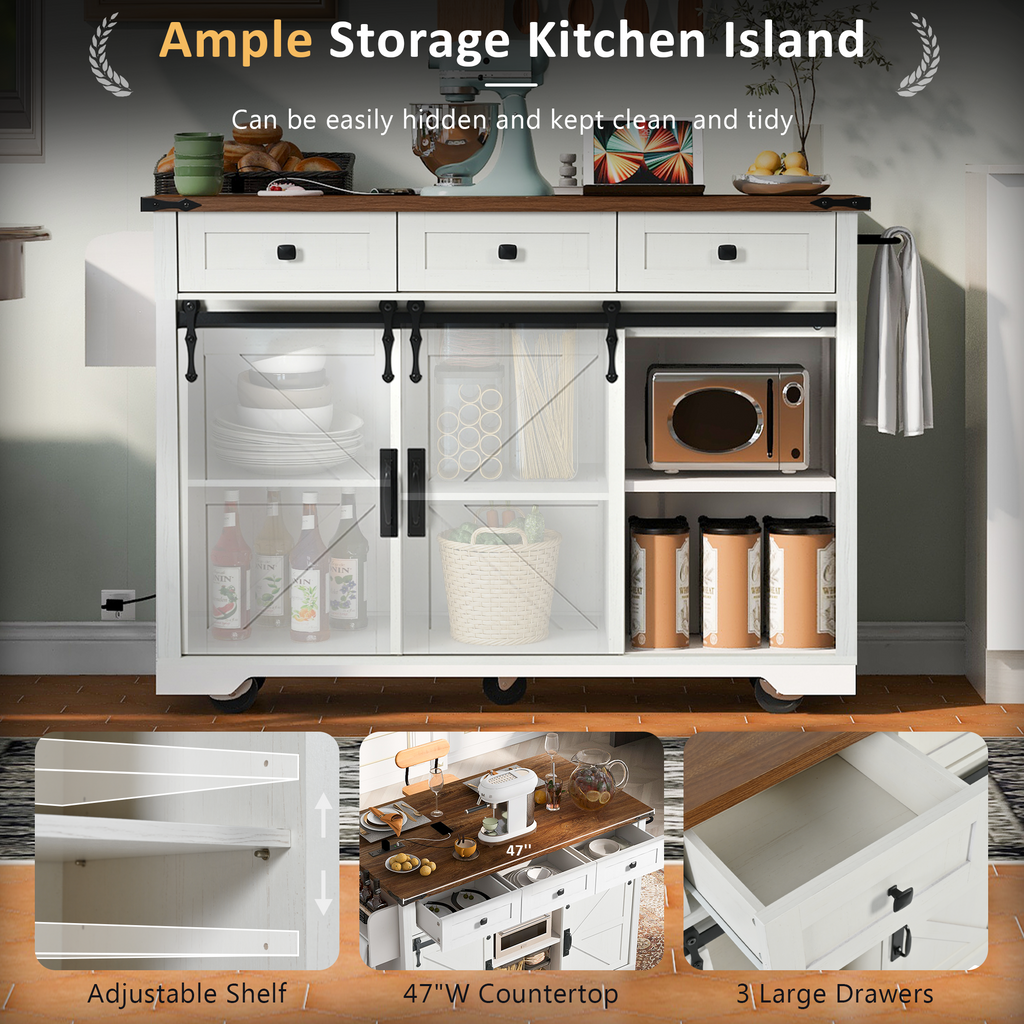 [variant:N853S379573W] Farmhouse Kitchen Island with Drop Leaf, Power Outlet and Sliding Barn Doors – 53.75-Inch image 25