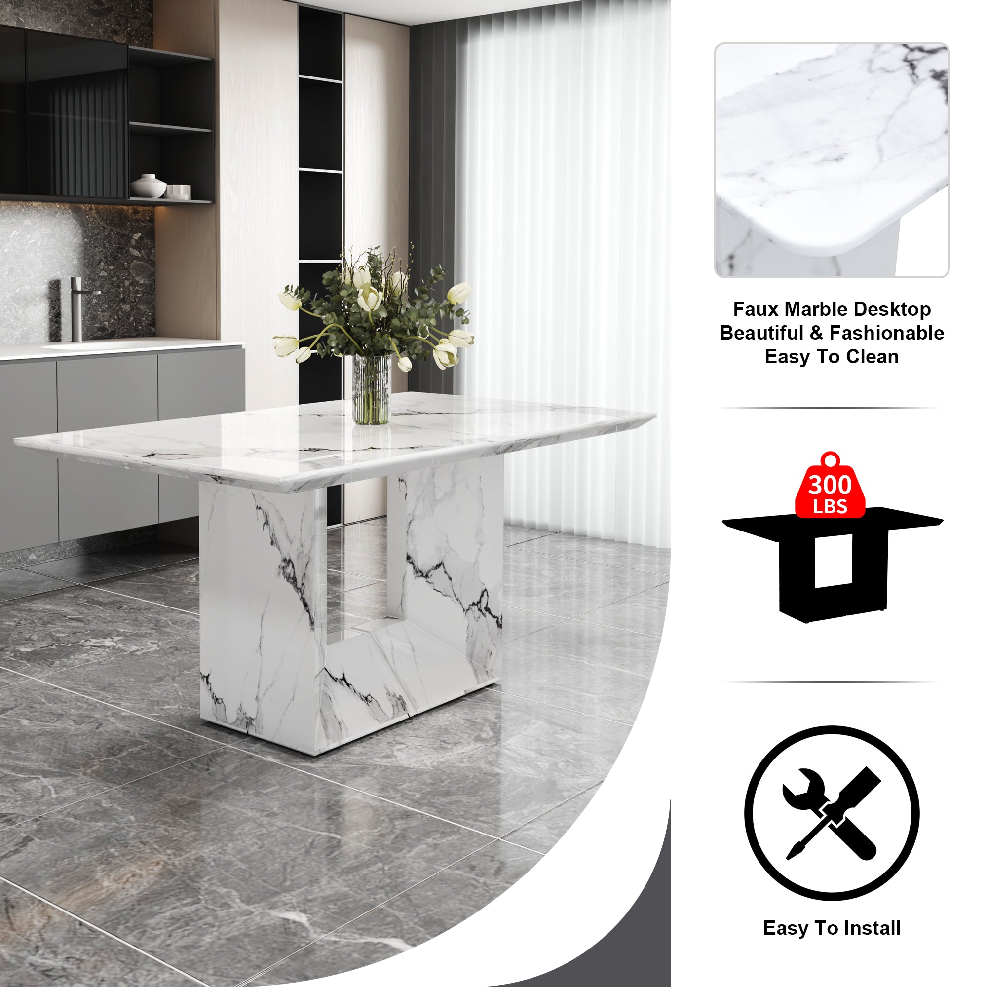 [variant:W3806S00015] White Marble-Look Dining Table image 5