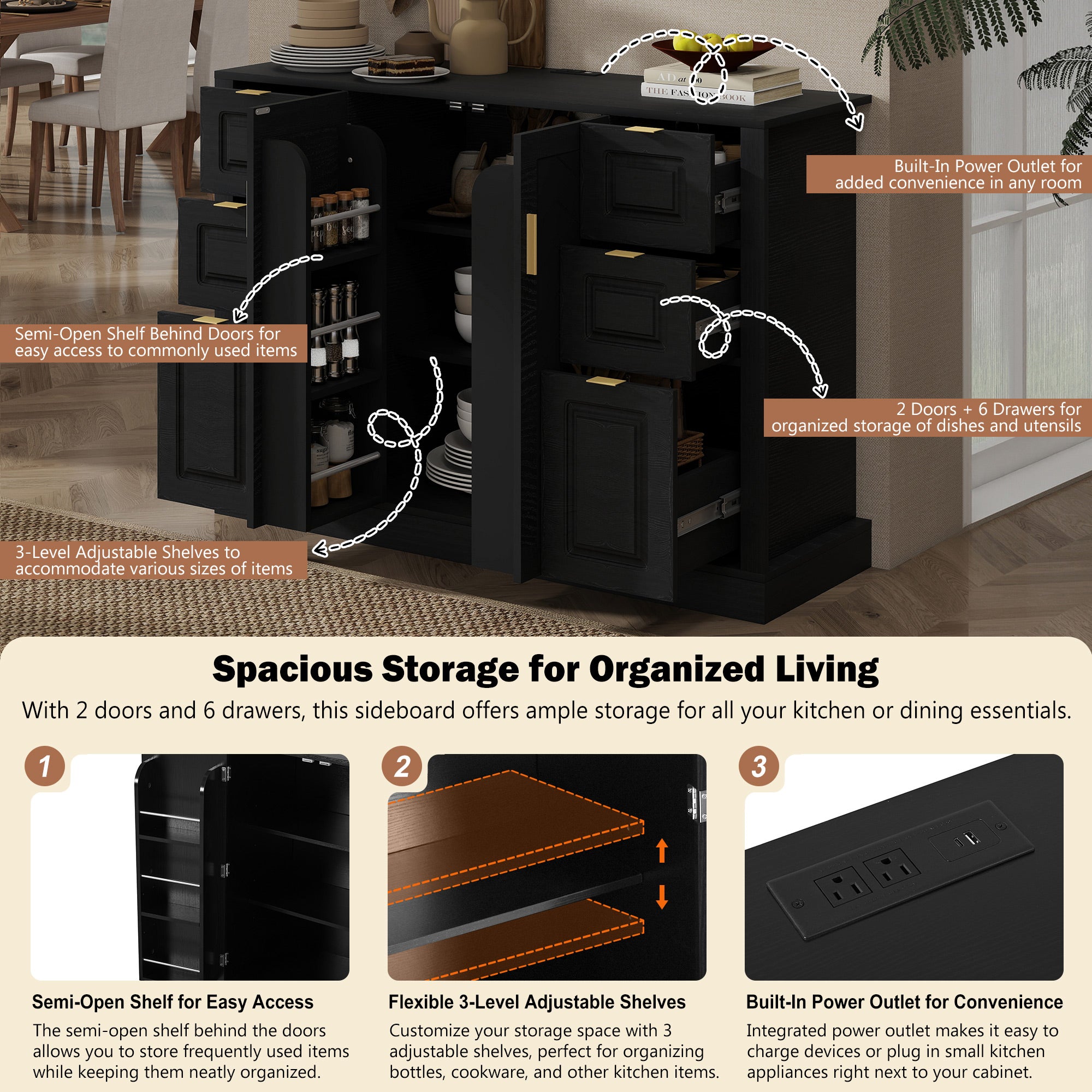 [variant:N889P443160B] Sideboard with 2 Doors, 6 Drawers & Power Outlet image 6