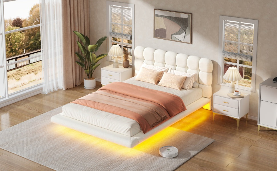 [variant:HS451577AAK] Queen LED Floating Bouclé Platform Bed – Cream White image 23