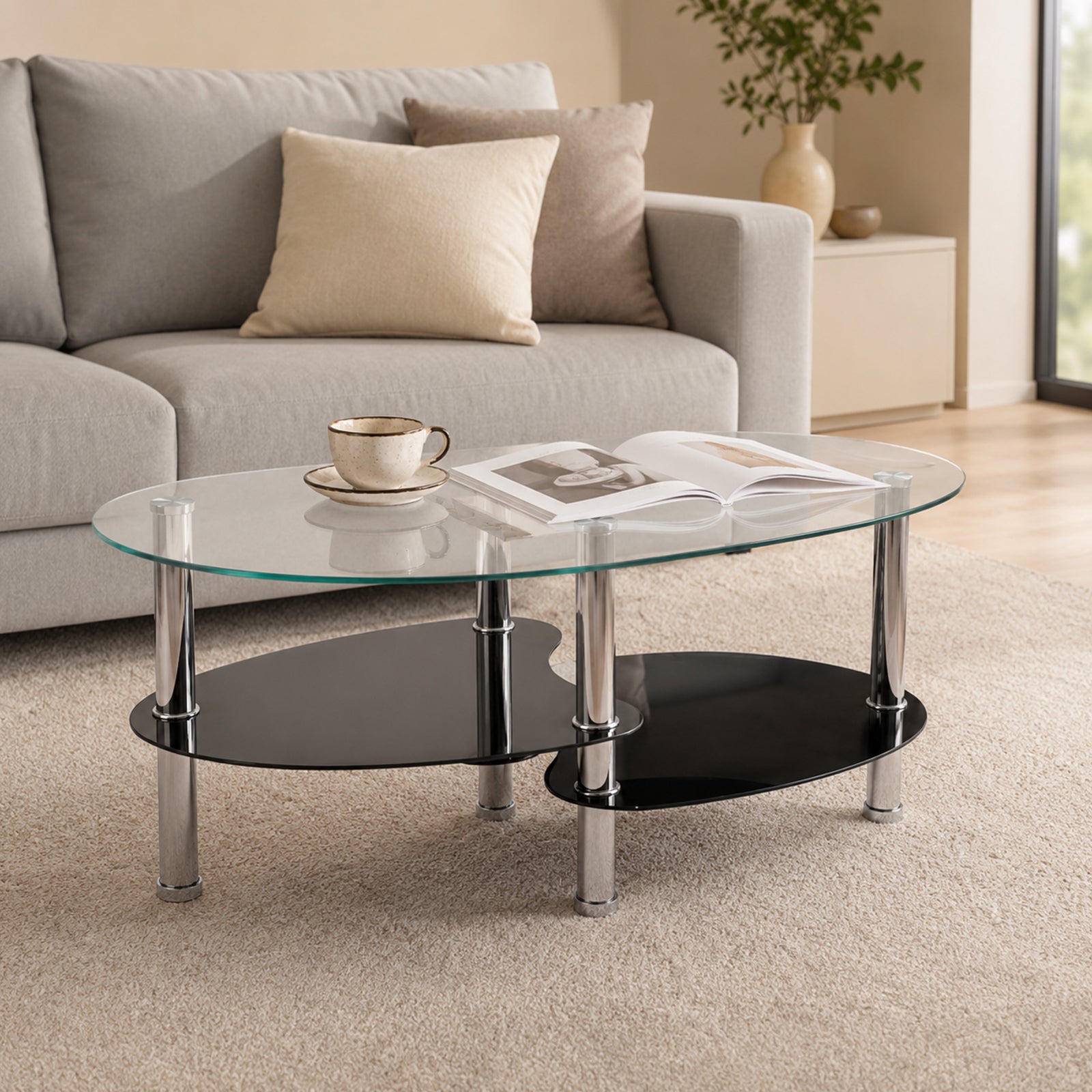 [variant:W3738P499151] 2-Tier Oval Tempered Glass Coffee Table – Black,Transparent image 1