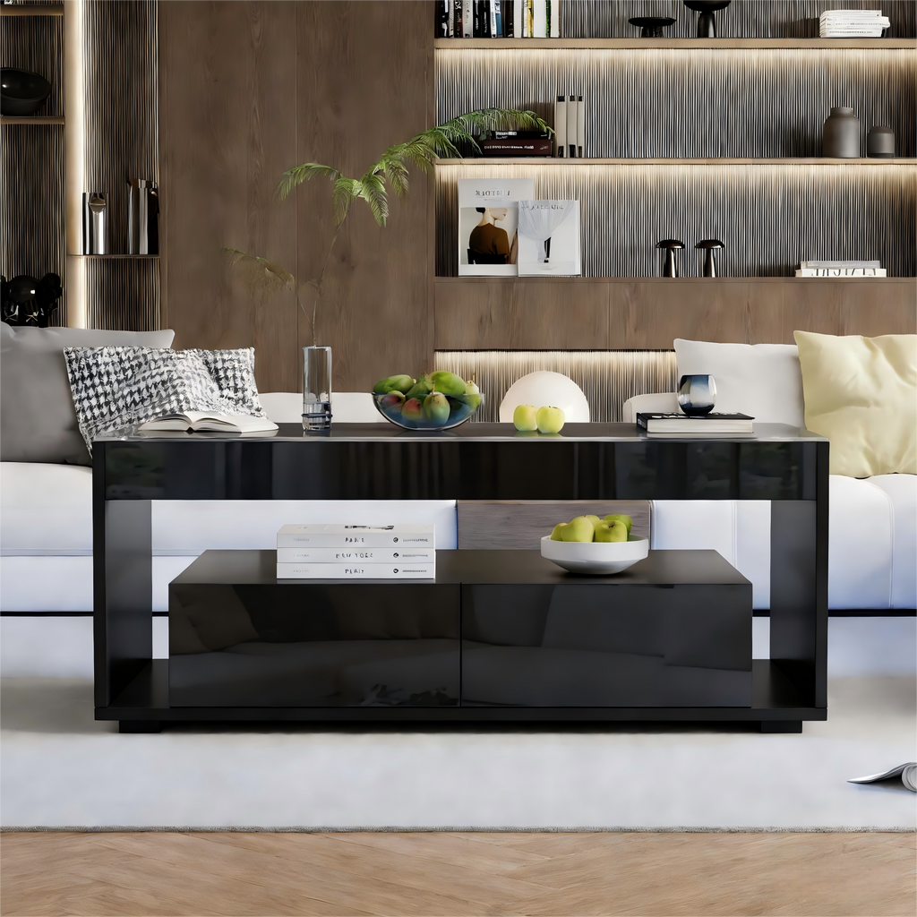 [variant:N892P428787B] High-Gloss LED Coffee Table with Glass Top and Drawers image 49