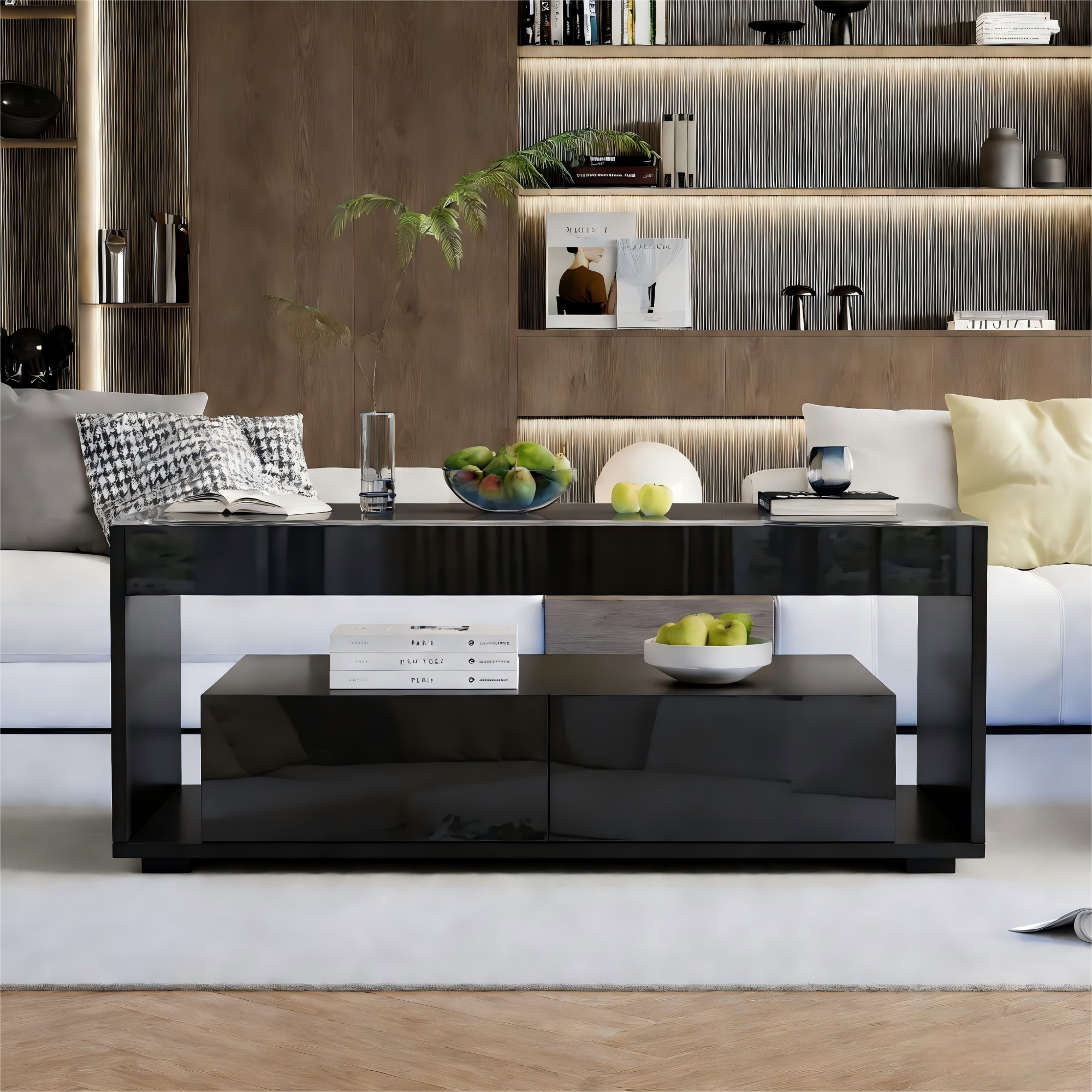 [variant:N892P428787B] High-Gloss LED Coffee Table with Glass Top and Drawers image 49