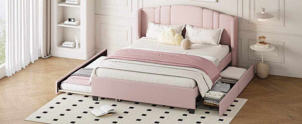 Queen Upholstered Wingback Bed with Twin Trundle & 2 Drawers — [variant:N854S427452H] Pink image 10