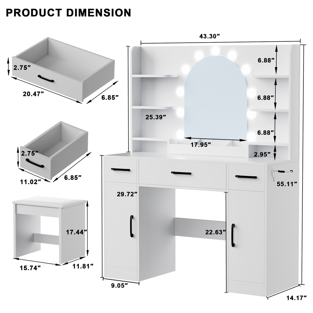 [variant:N881S436327W] Lighted Vanity Desk with Mirror, 3 Drawers and Shelves image 7