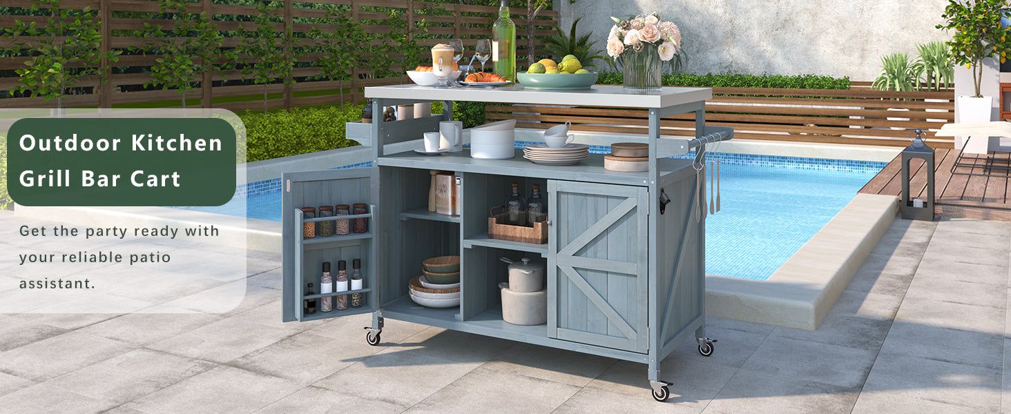 [variant:N853P386114G] Outdoor Grill Cart with Stainless Steel Top – Gray and Blue, 50.25-Inch image 2