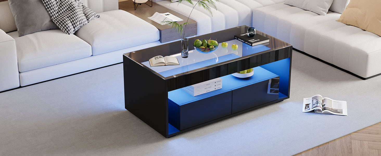 [variant:N892P428787B] High-Gloss LED Coffee Table with Glass Top and Drawers image 22