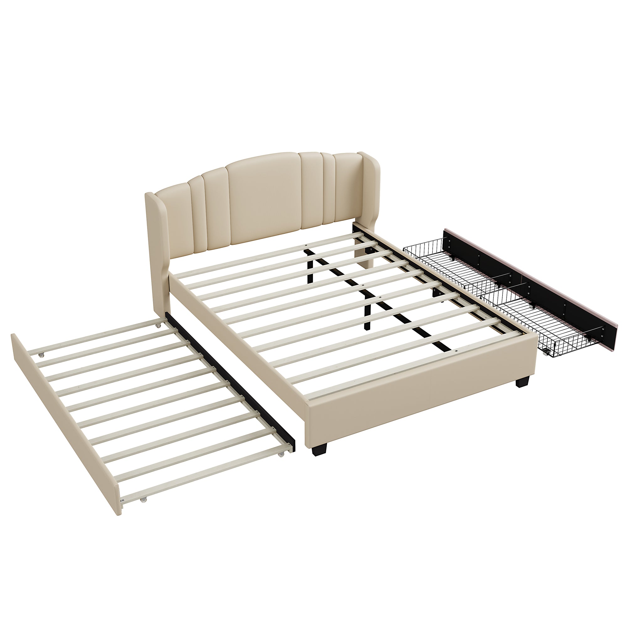 Queen Upholstered Wingback Bed with Twin Trundle & 2 Drawers — [variant:N854S427452A] Beige image 4