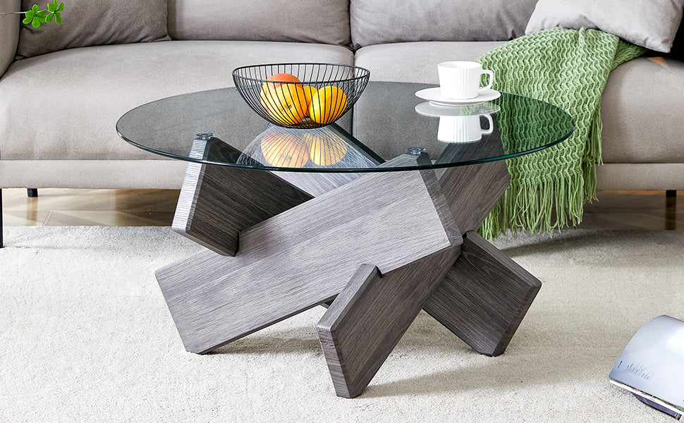 [variant:W3806P404748] Round Glass Coffee Table with Gray Patterned Base – 33.4-Inch image 1