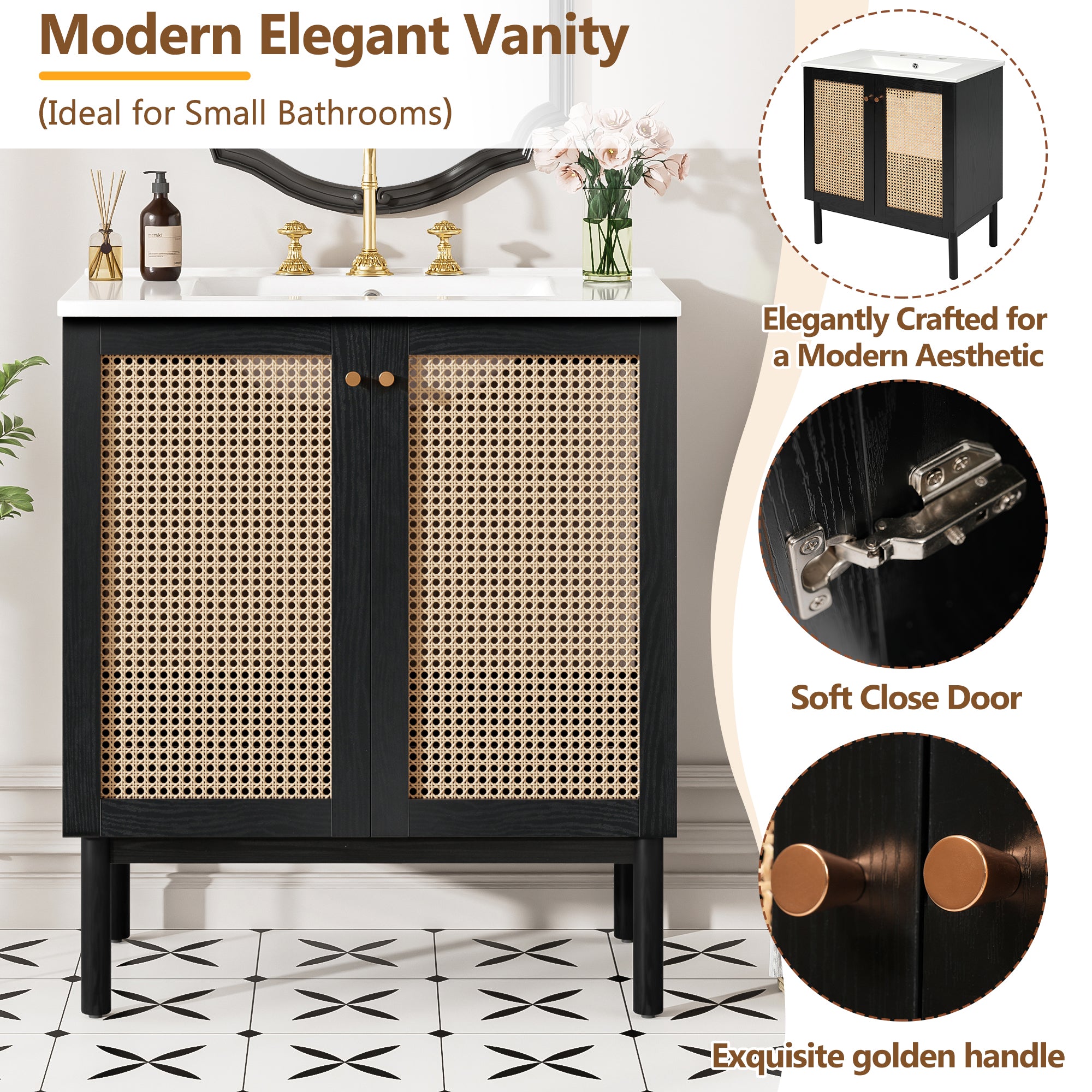 [variant:N729P285517B] Rattan-Door Bathroom Vanity with Sink – 30-Inch image 4
