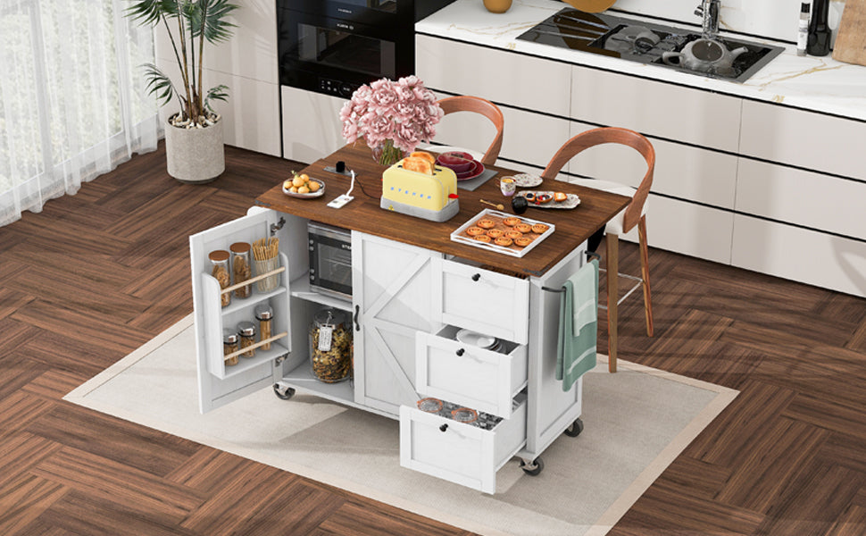 [variant:N853P379579W] Farmhouse Rolling Kitchen Island with Drop Leaf – White, 54.5-Inch image 24