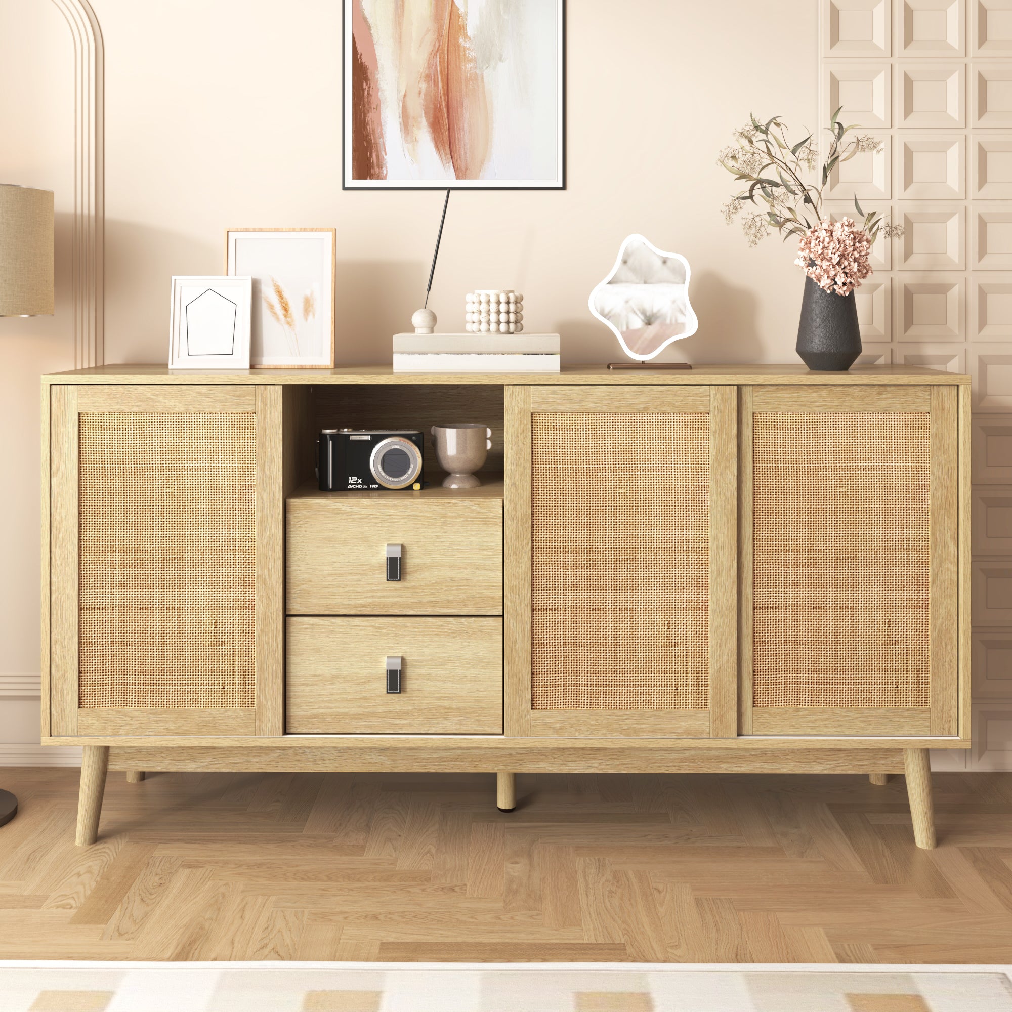 Rattan 3-Door Sideboard with 2 Drawers — [variant:GA0004O] Wood – GA0004O image 2