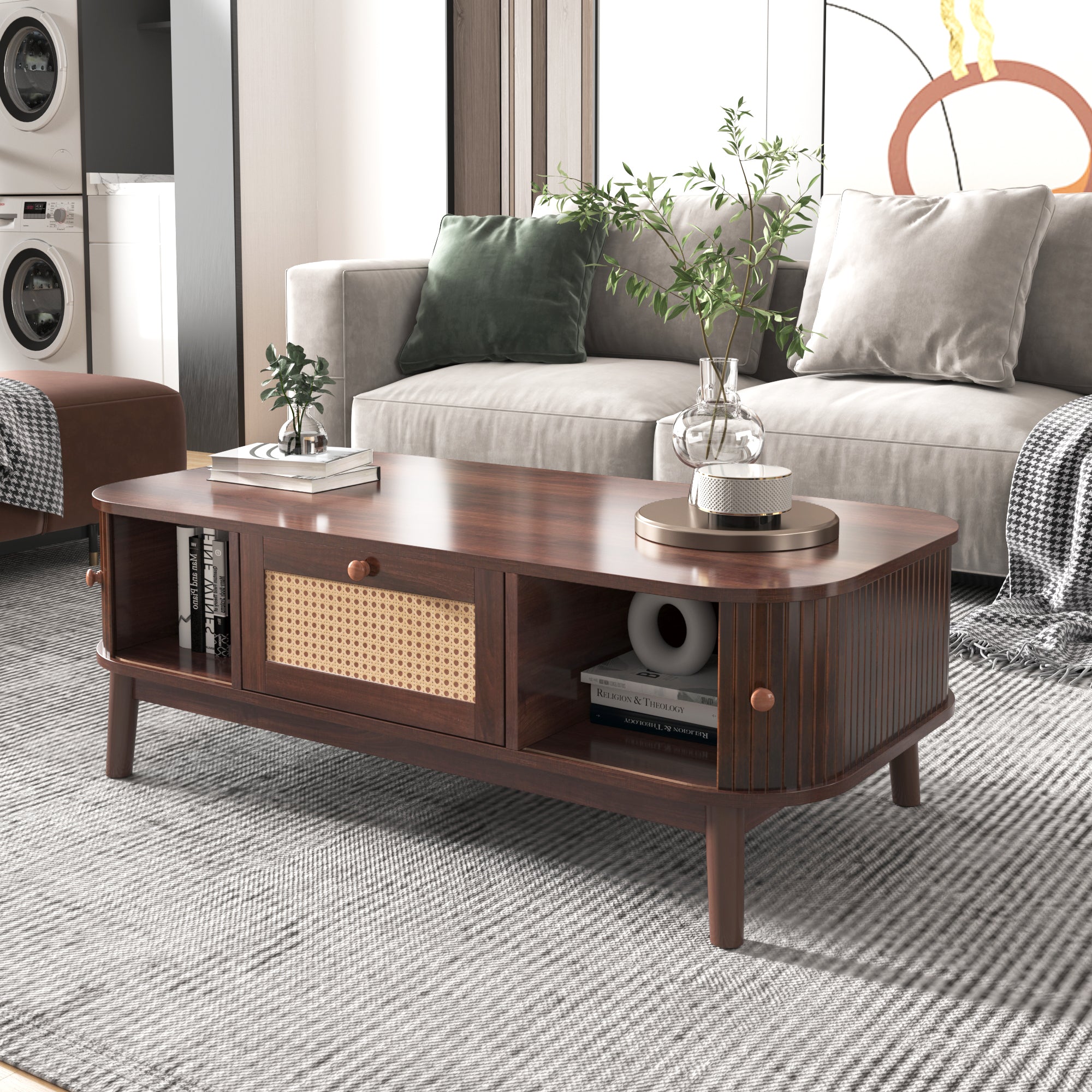 [variant:N875P360725N] Natural Rattan Coffee Table with Sliding Doors image 10