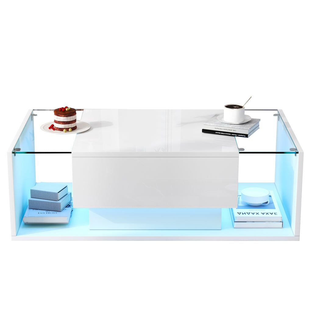 [variant:N892P423295W] High-Gloss LED Coffee Table with Drawer and Glass Top image 14