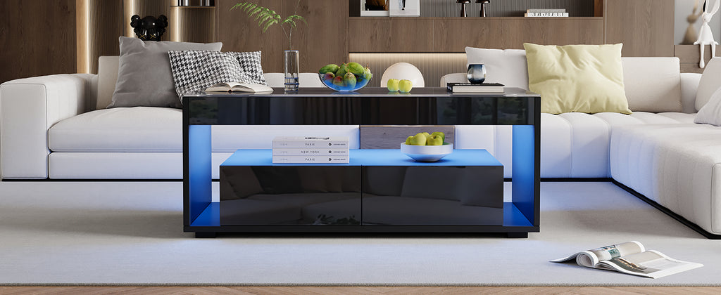 [variant:N892P428787B] High-Gloss LED Coffee Table with Glass Top and Drawers image 23