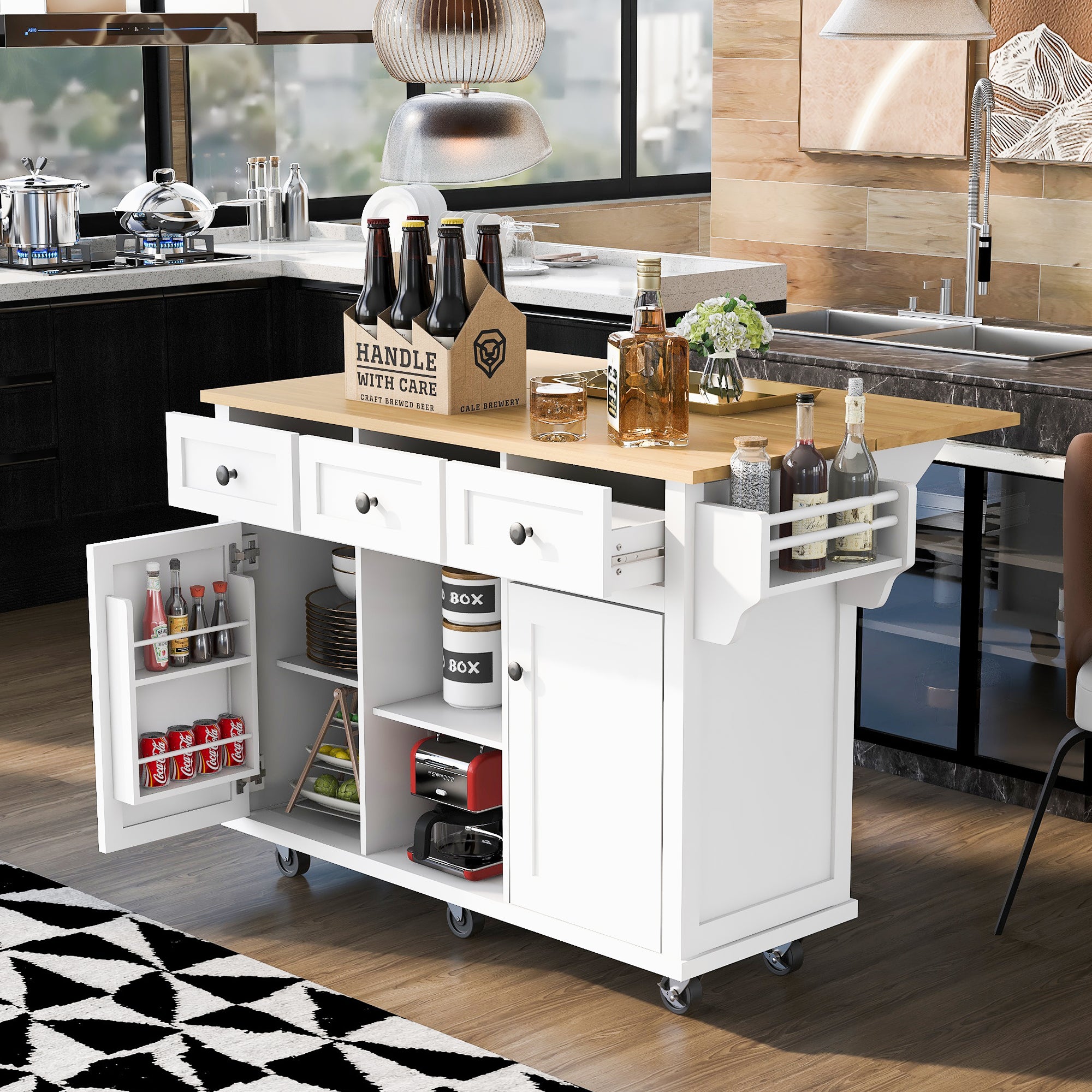 [variant:N853P383632W] Drop-Leaf Rolling Kitchen Cart – White, 53.1-Inch image 22